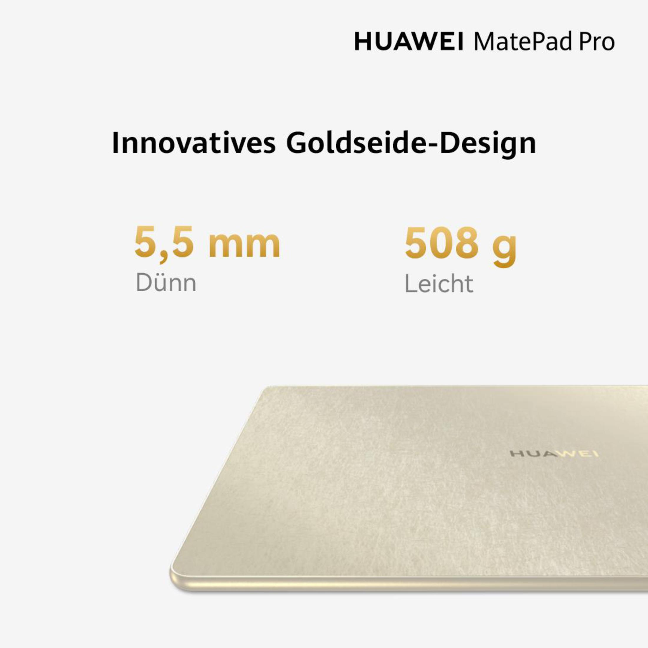 Ein goldfarbenes Tablet mit Text über sein innovatives Goldseiden-Design, seine Dünne und Leichtigkeit.
