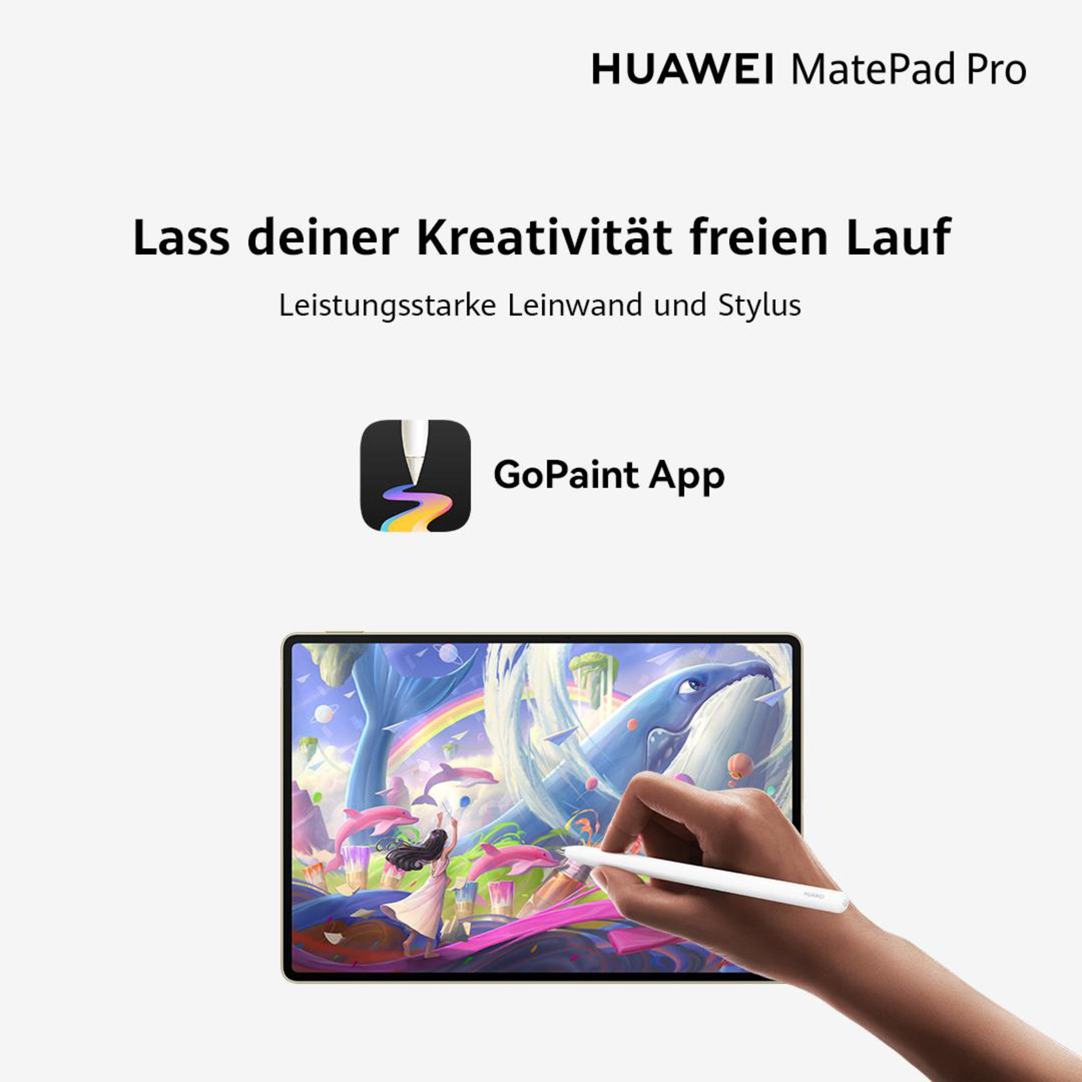 Ein Tablet mit Stift, zeigt eine Zeichnung, Text: GoPaint App.