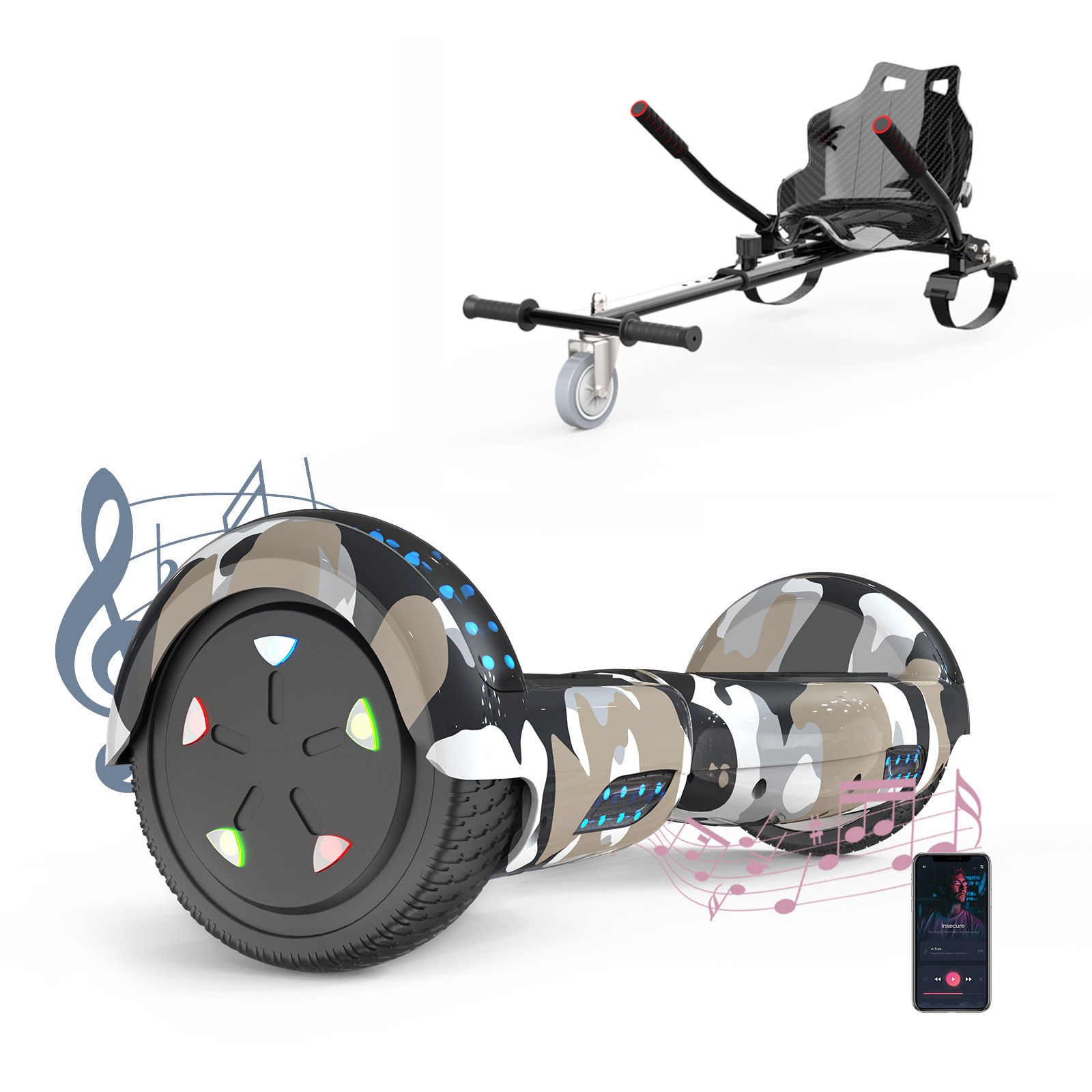 Ein Hoverboard mit Tarnmuster und einem Sitzaufsatz. Ein Telefon zeigt Musik an und Noten sind sichtbar.