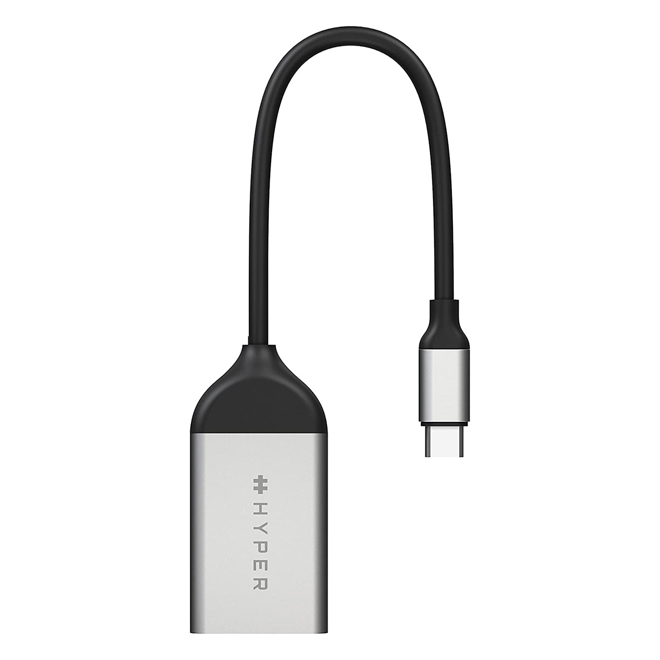 Adaptador Hyper USB-C: negro y plateado, con cable negro flexible.