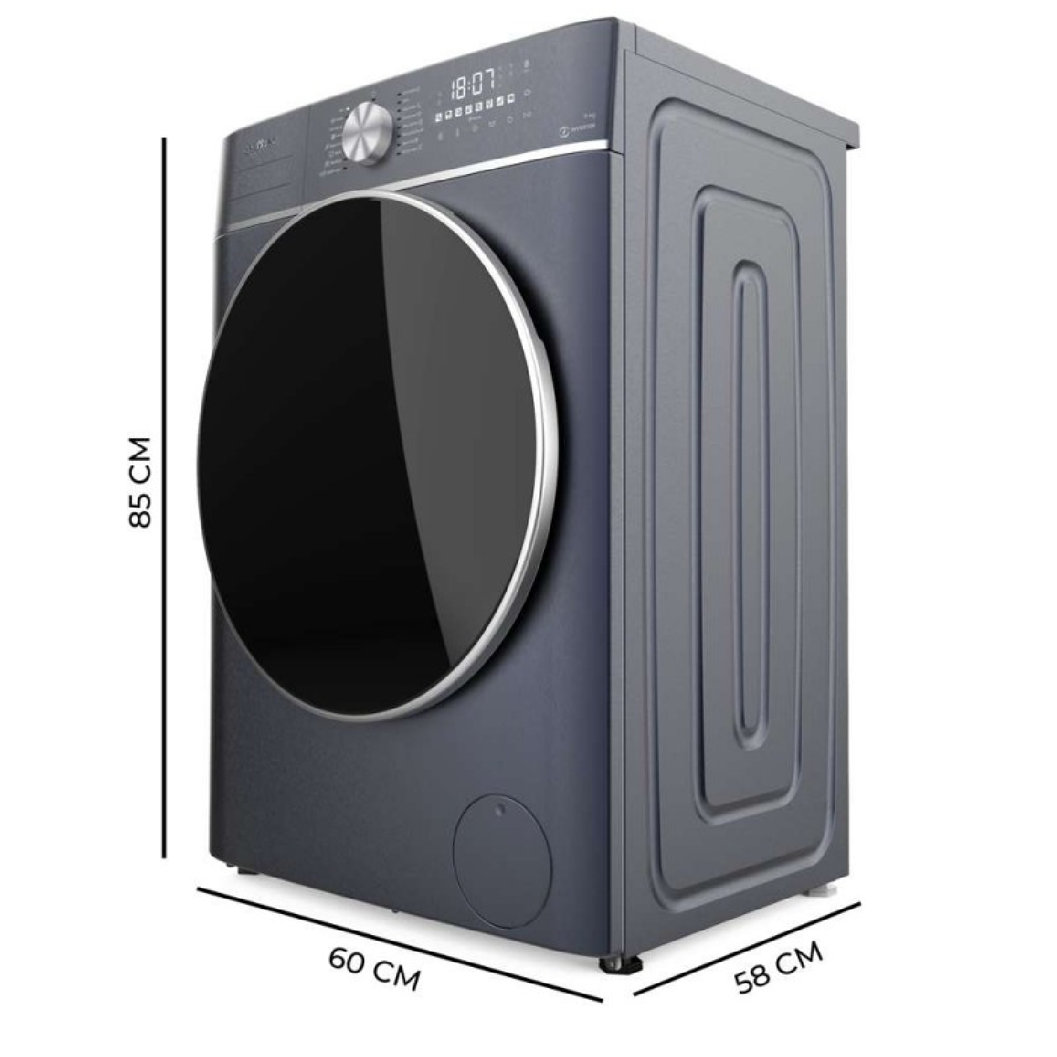 Lavadora gris oscuro con puerta negra. Dimensiones: 85x60x58 cm.
