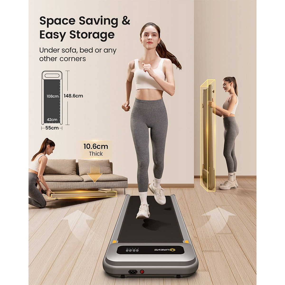 Kobieta biegnie na bieżni, inna ją składa, z wymiarami.