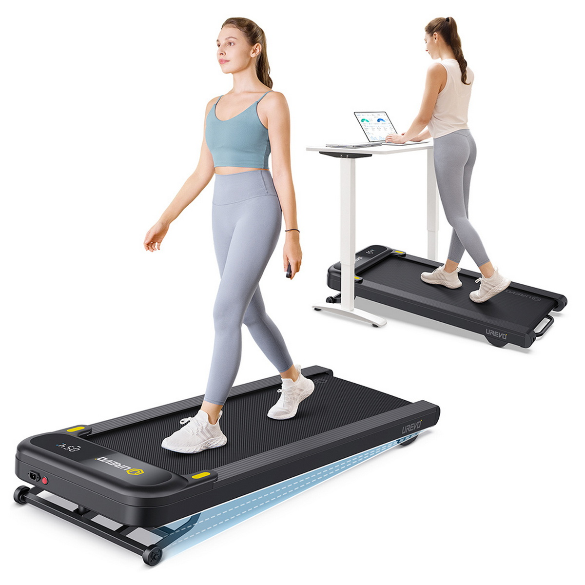 Dwie osoby, jedna idzie na bieżni, a druga pracuje przy biurku stojącym z bieżnią.