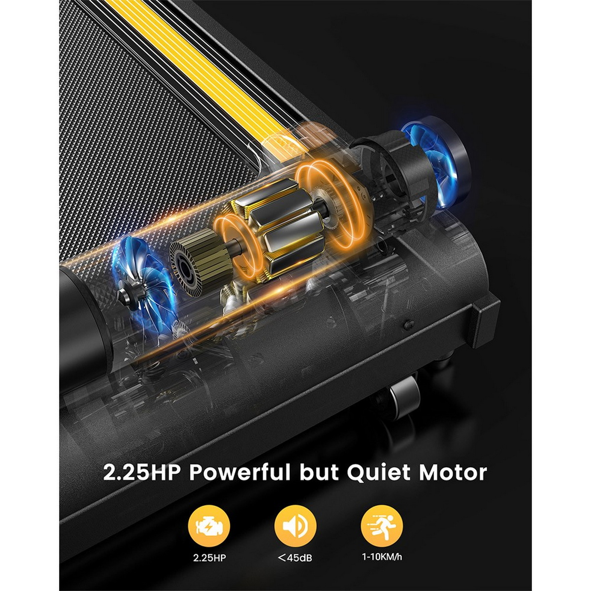 Zbliżenie silnika bieżni z etykietami cech i prędkości silnika.