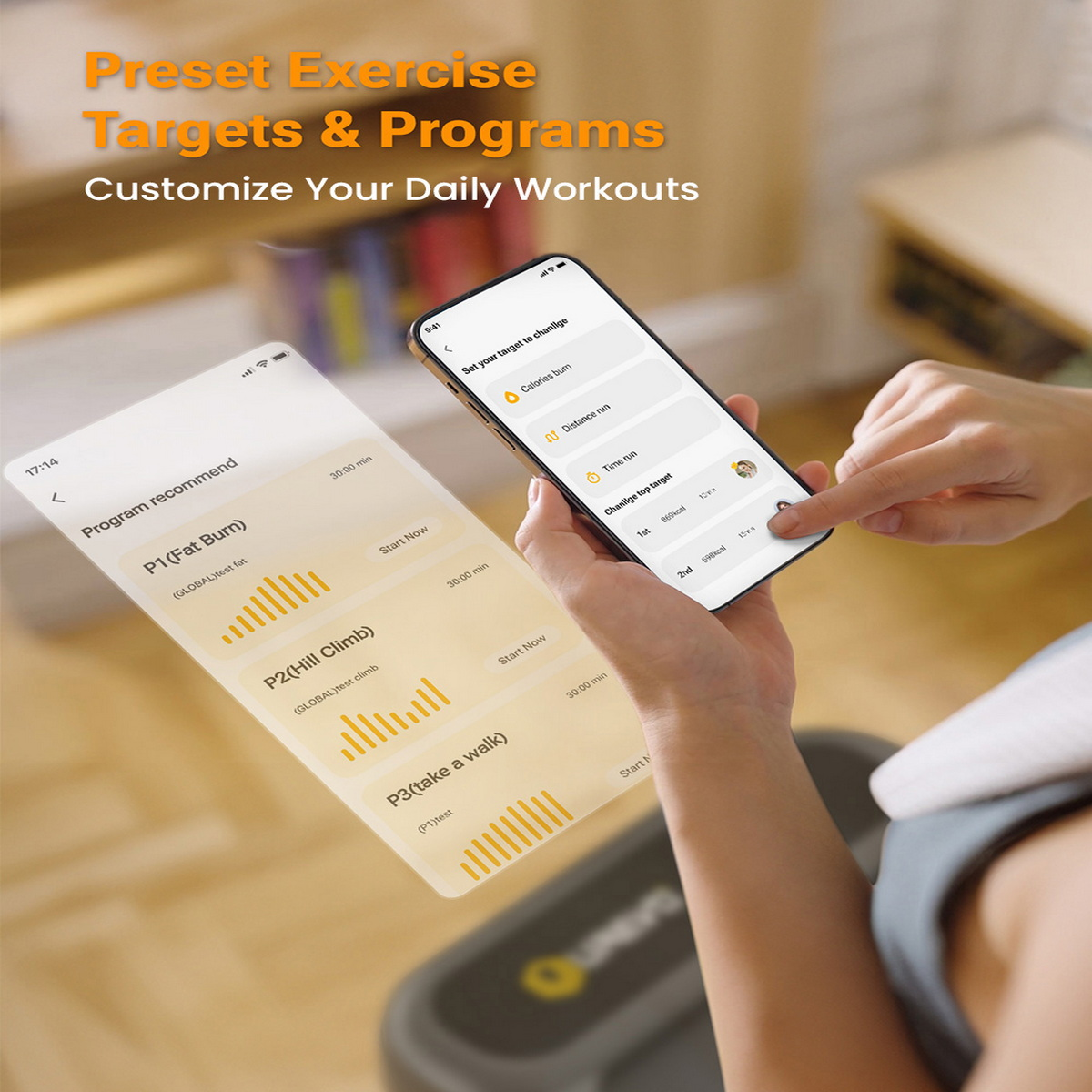 Person nutzt Smartphone mit Fitness-App, zeigt Trainingsprogramme und Ziele auf dem Bildschirm.