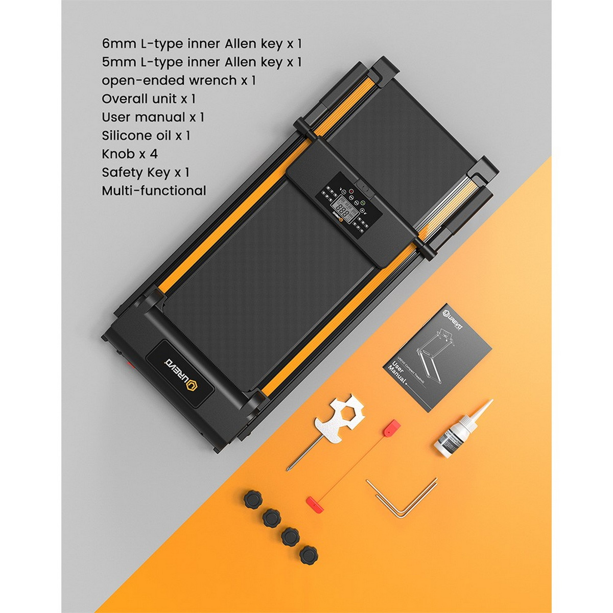 Widok z góry na narzędzia do bieżni. Elementy obejmują klucze, klucze i olej.