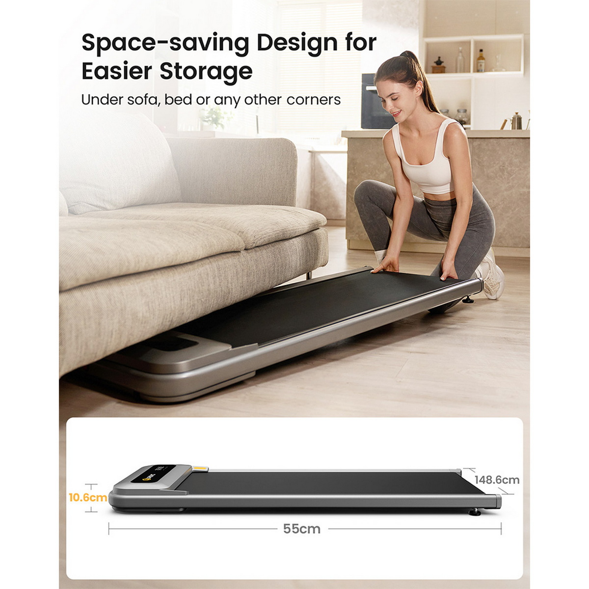 Kobieta i bieżnia pod kanapą, z wymiarami produktu.