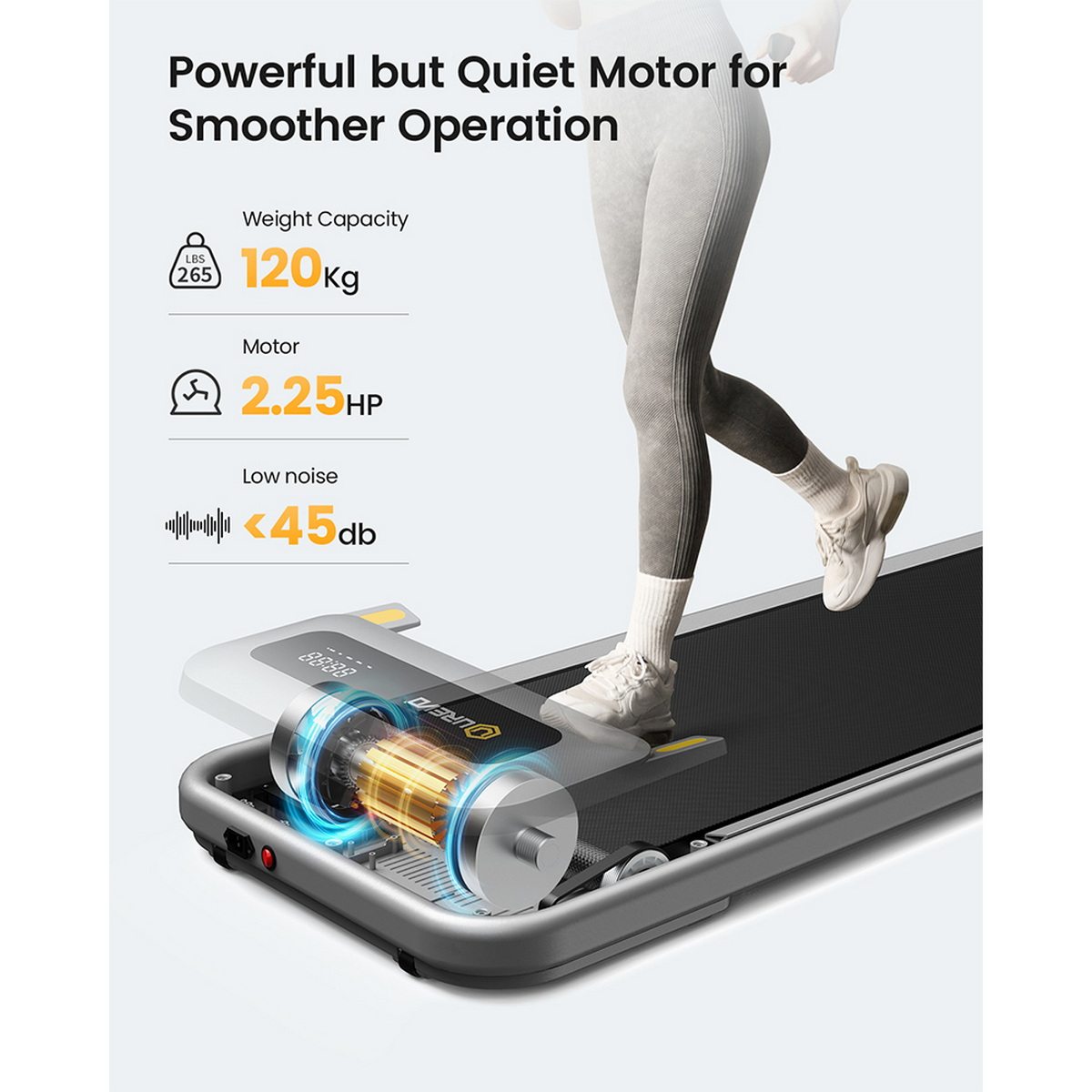 Bieżnia z osobą biegnącą. Pokazuje silnik i panel sterowania. Tekst o udźwigu i poziomie hałasu.