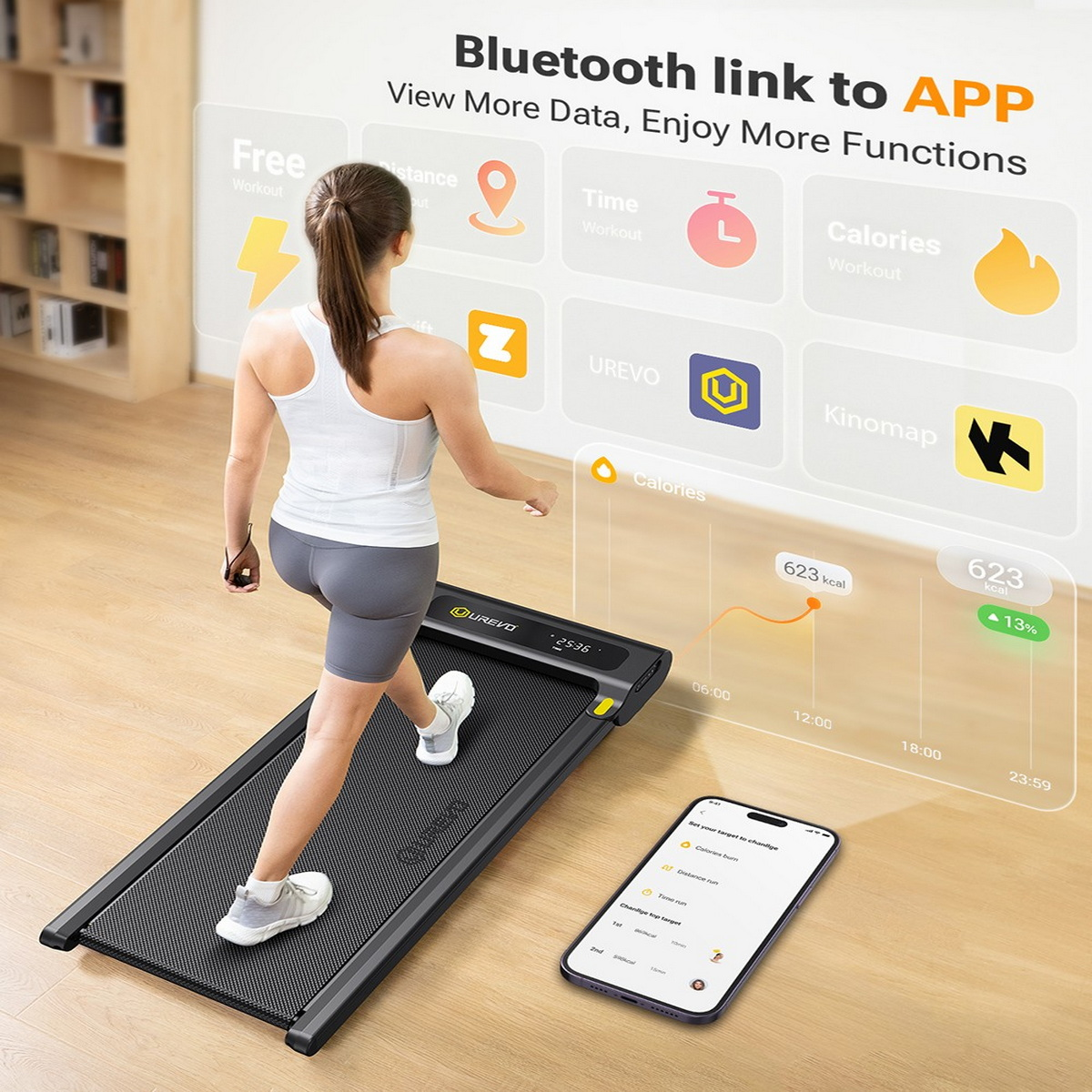 Eine Frau auf einem Laufband mit einem Telefon, das Trainingsdaten anzeigt. Grafiken zeigen Kalorien, Zeit und Distanz.