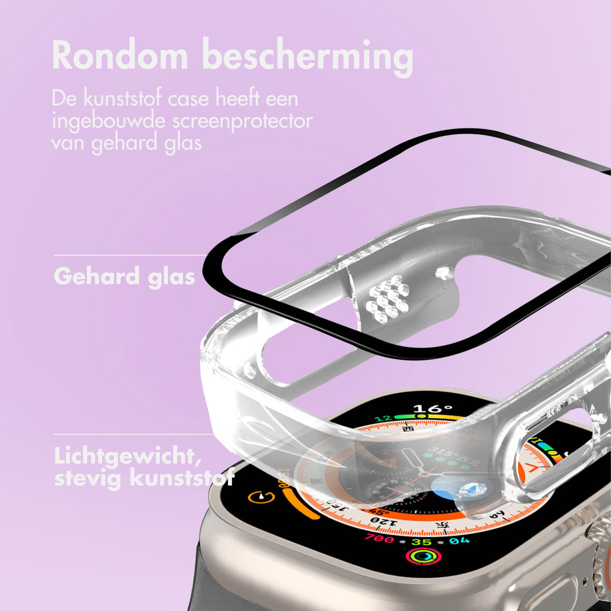 Transparent watch case over a smartwatch, showing the screen and bezel.