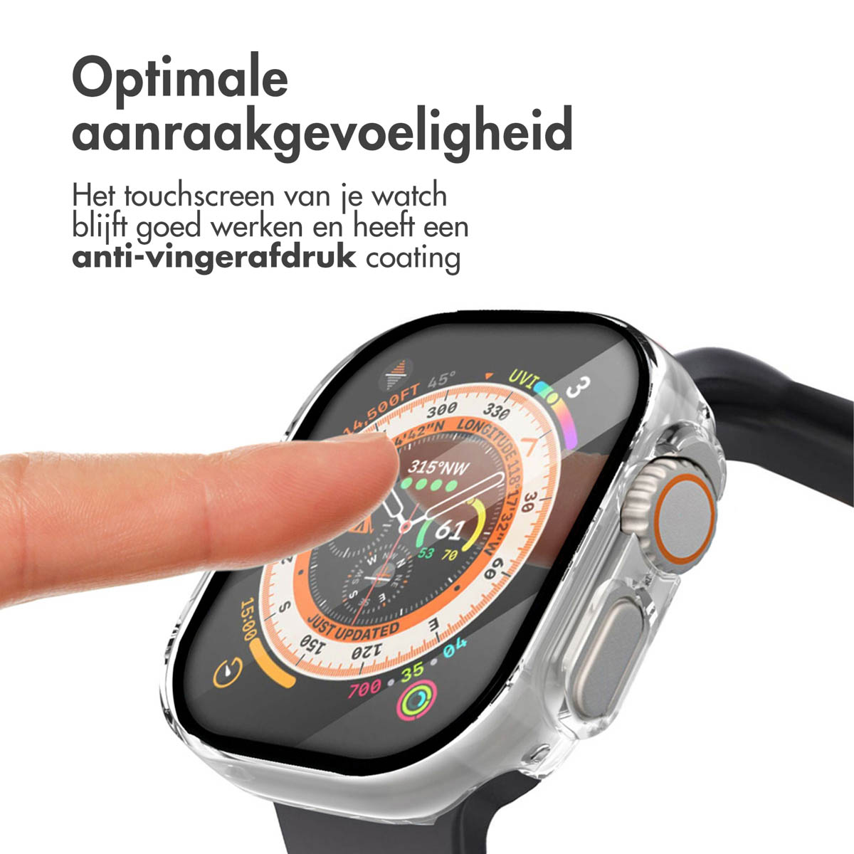 A finger touches a smartwatch with a screen protector, black band. The screen shows a navigation map.