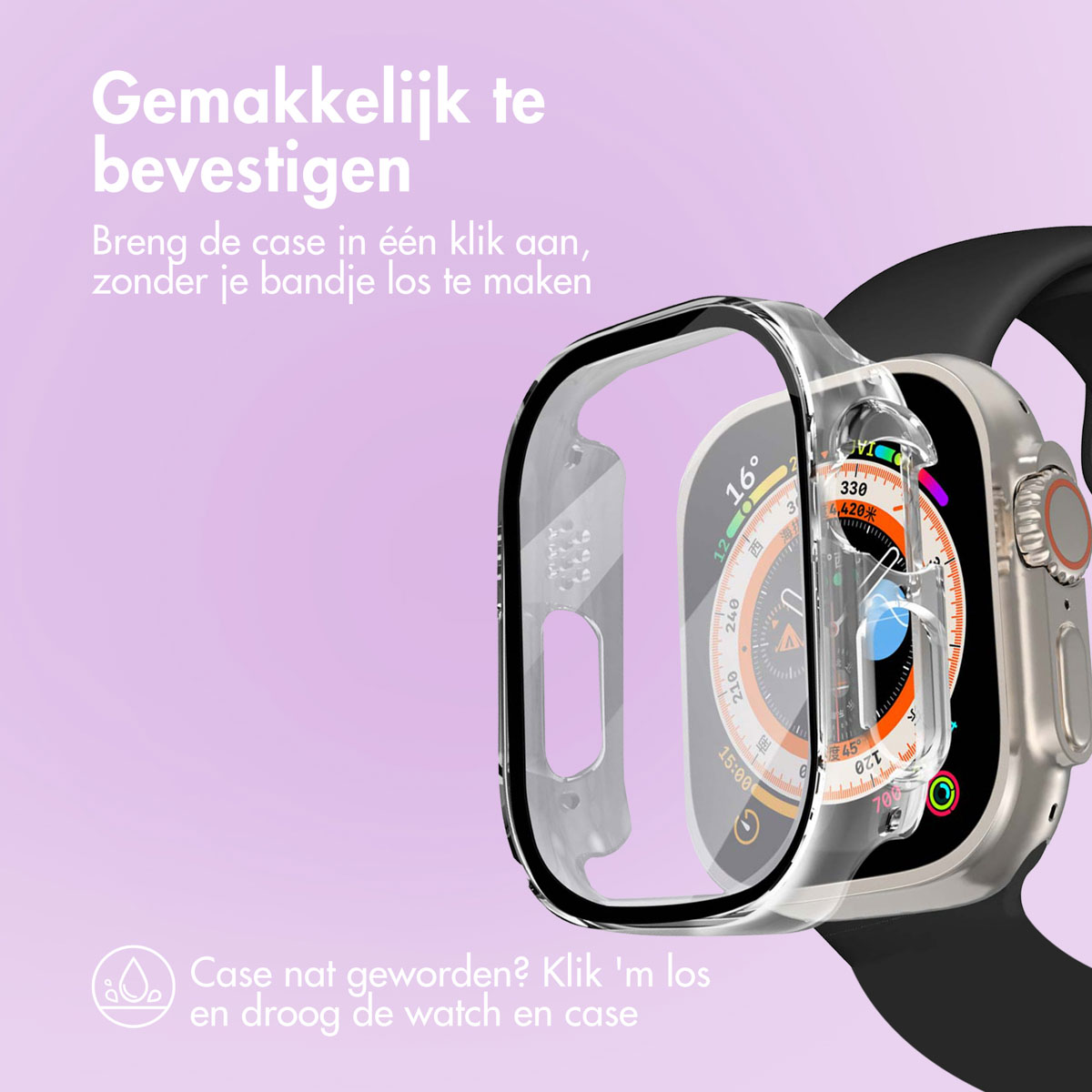 Clear watch case on a watch. Shows the case is easy to attach. The watch band is black.