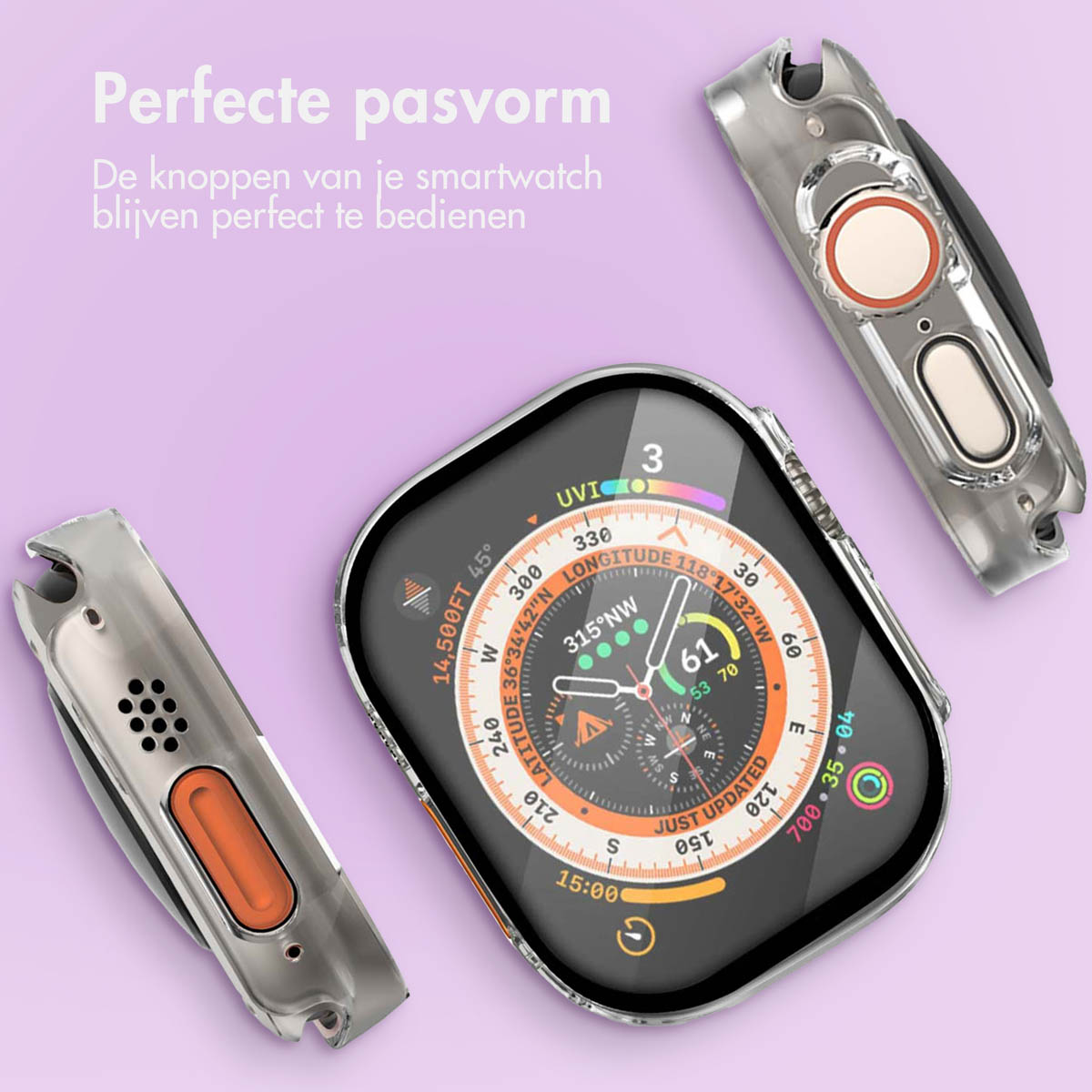 Three silver watch case pieces with a smart watch showing watch face.