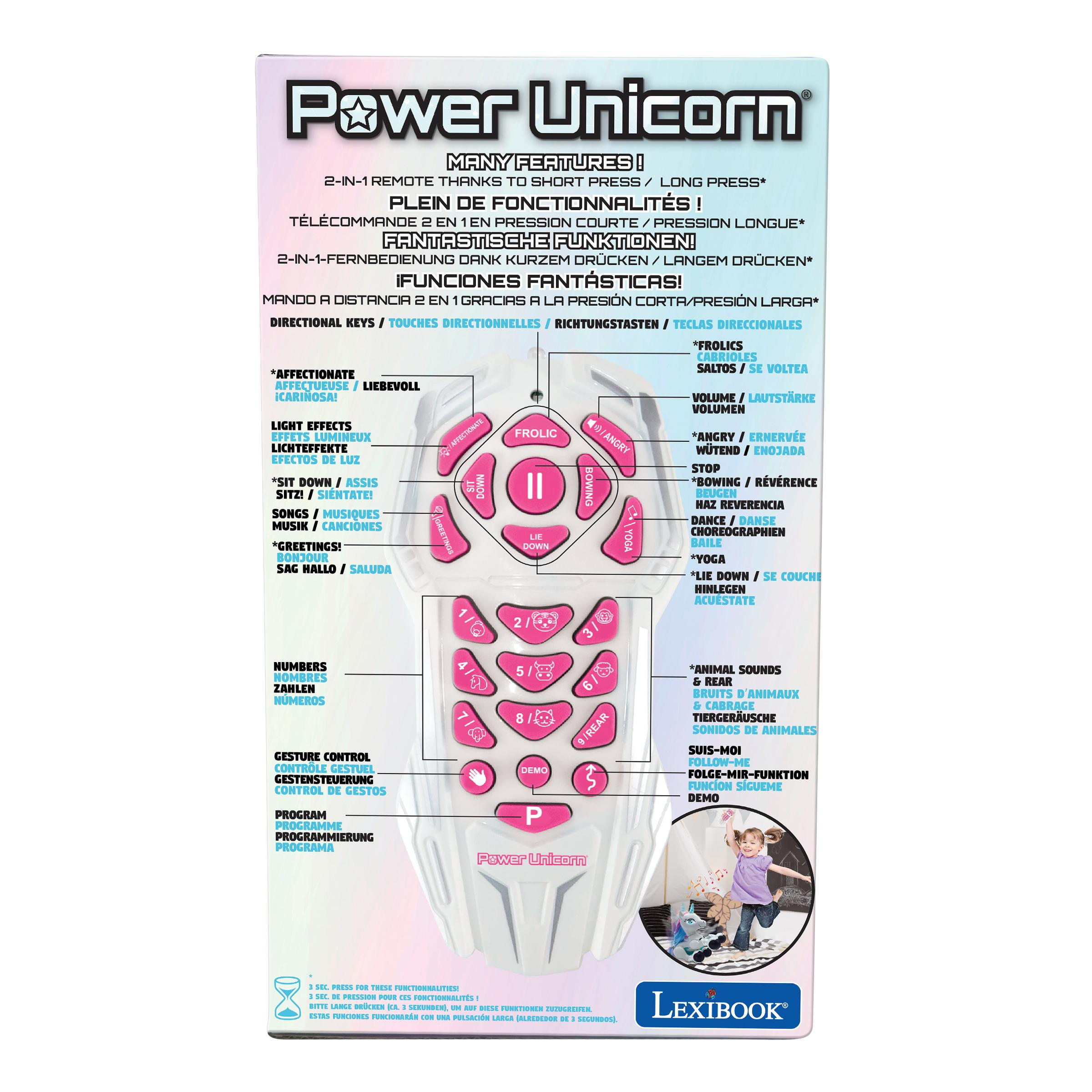 Telecomando con molti pulsanti. Include un logo Power Unicorn rosa. Testo in più lingue.