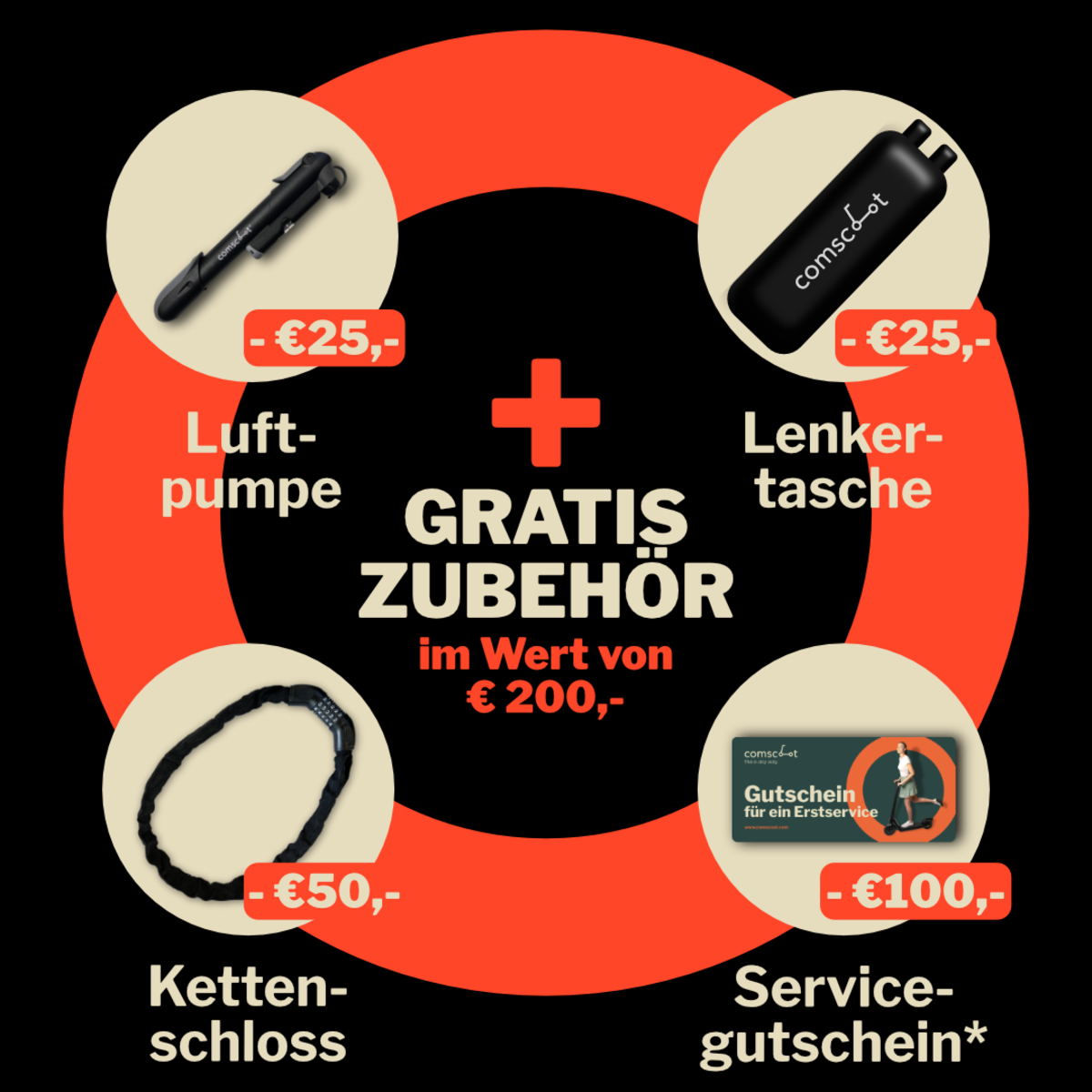 Roter Kreis mit Fahrradzubehör, Preisen und Text.