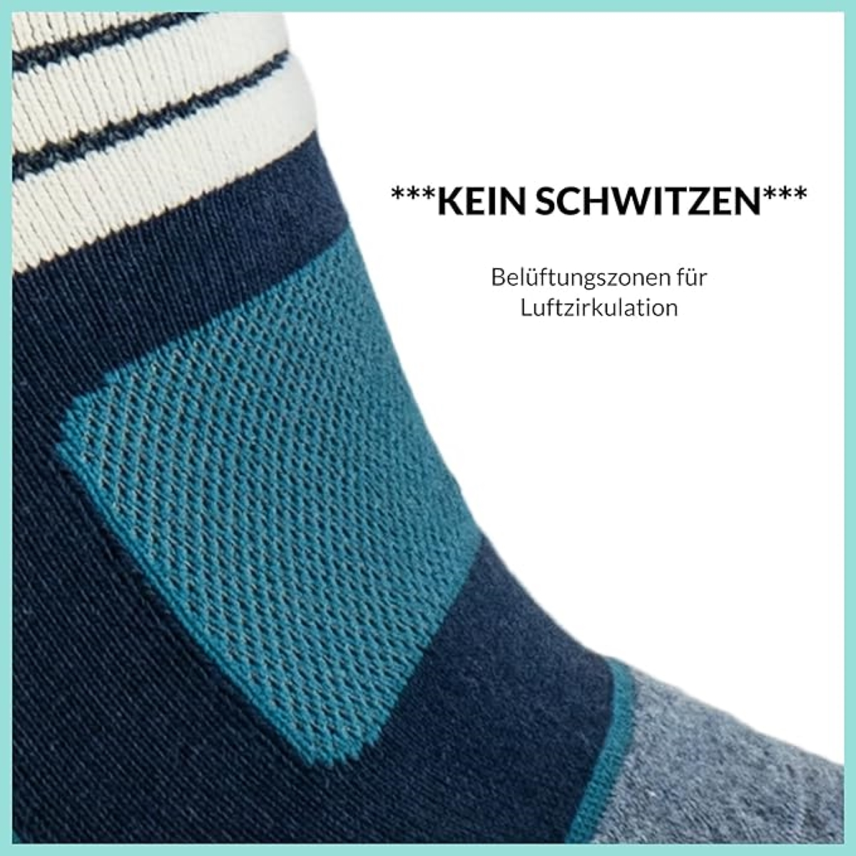 Nahaufnahme einer atmungsaktiven Mesh-Zone einer Socke, mit Text: ***KEIN SCHWITZEN***, Luftzirkulation.