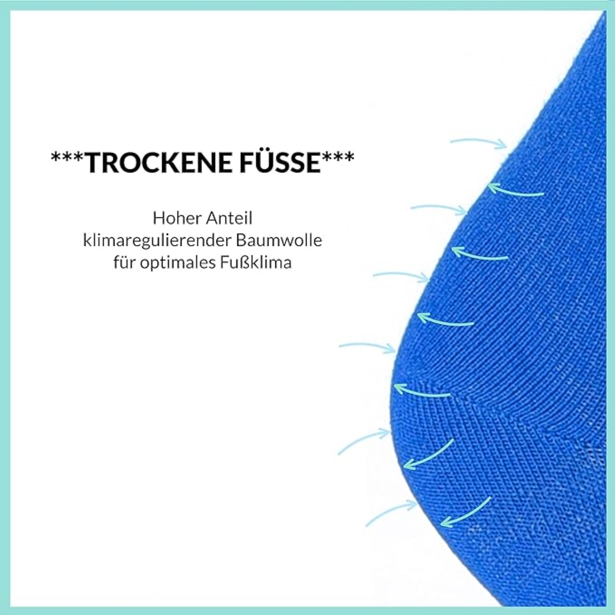 Nahaufnahme einer blauen Socke. Weißer Text auf dem Bild. Blauer Hintergrund.