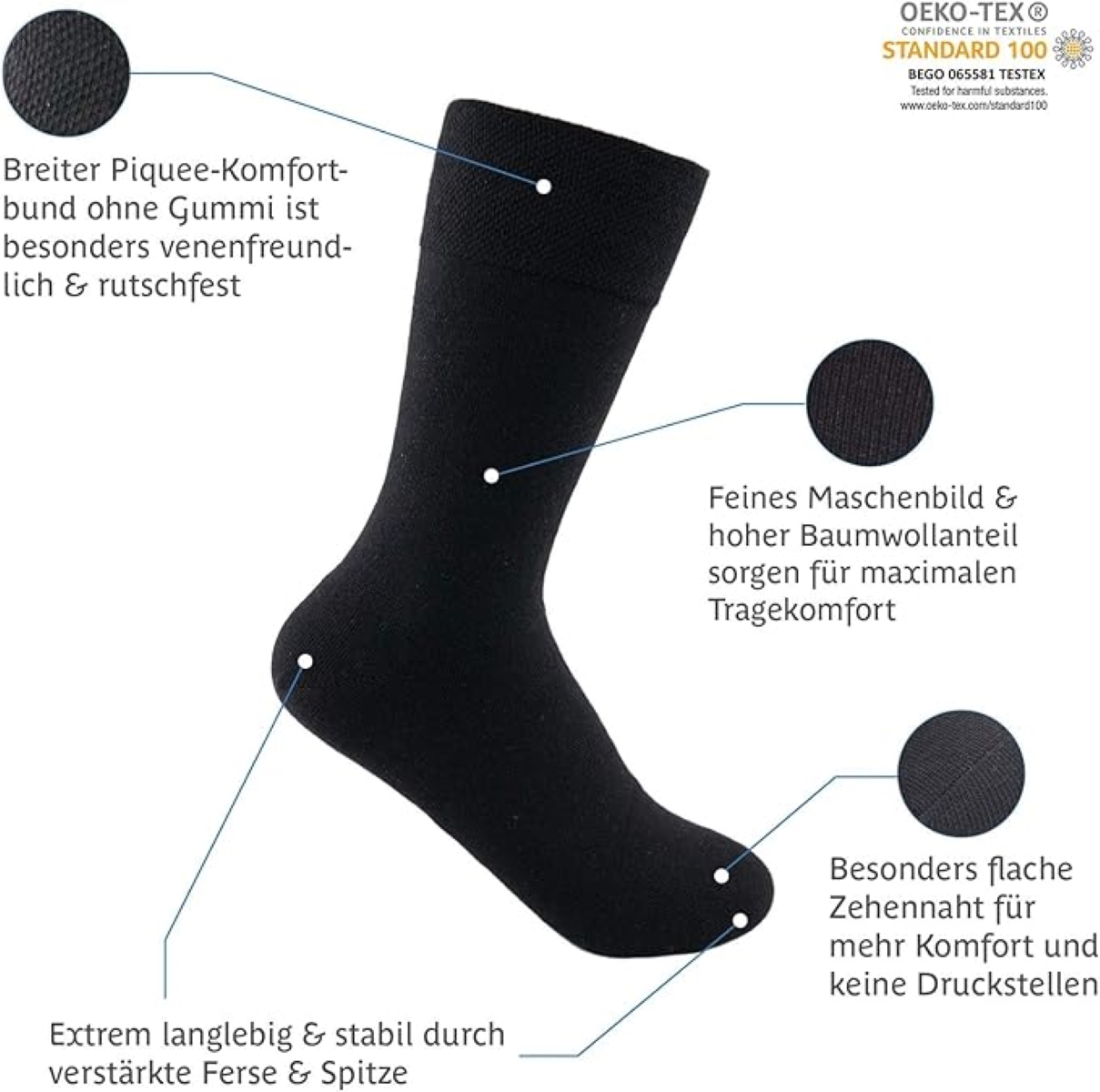 Schwarze Socken mit Textmarkierungen, Infos über Piqué-Komfort, Baumwolle und flache Nähte.