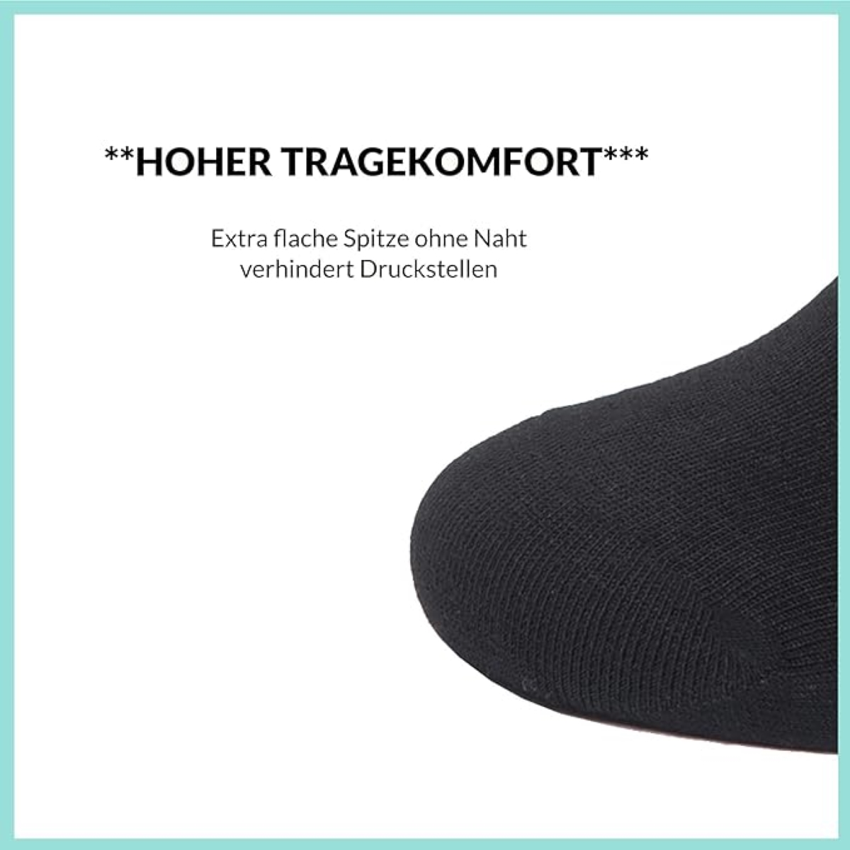 Nahaufnahme einer schwarzen Socke. Zeigt den Zehenbereich. Weißer Hintergrund mit Text. Extra flache Spitze.