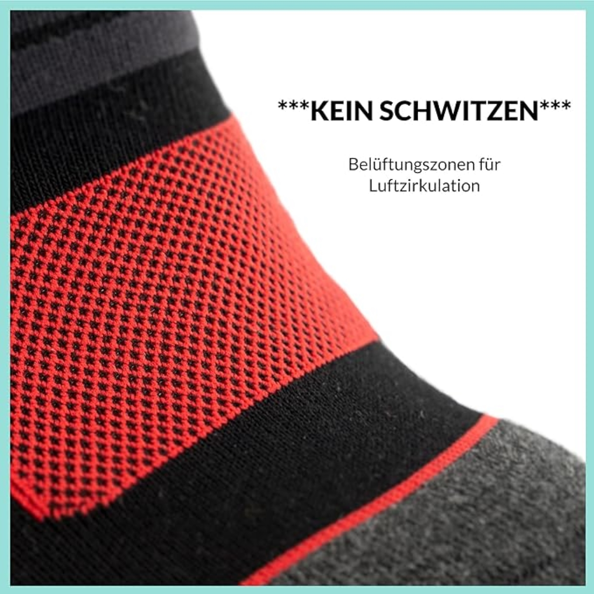 Nahaufnahme einer Socke mit roten und schwarzen Abschnitten. Text auf Deutsch sagt, dass sie Schwitzen verhindert.