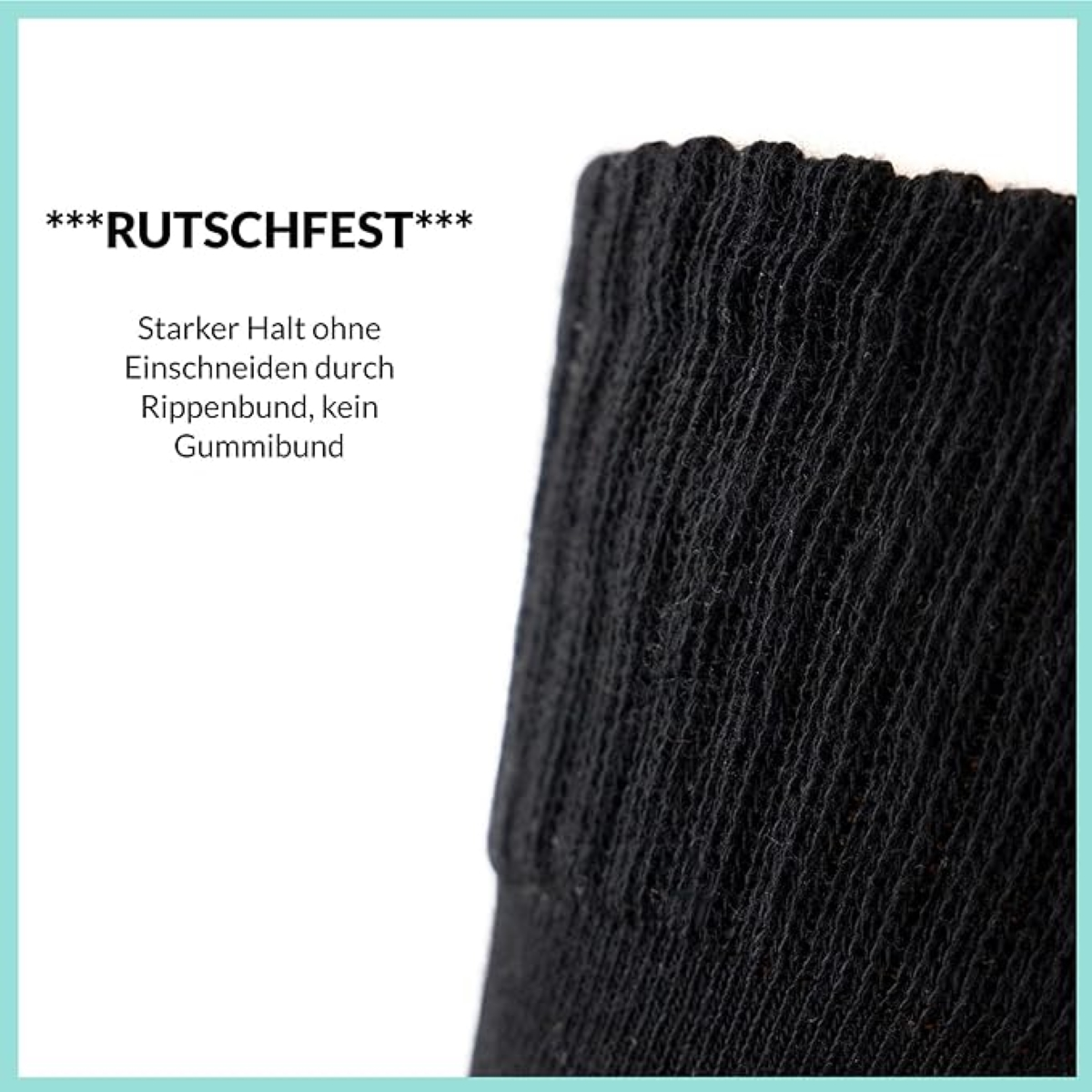 Nahaufnahme von schwarzen Rippenstrümpfen. Text erwähnt 'rutschfest' und 'kein Einschneiden'.