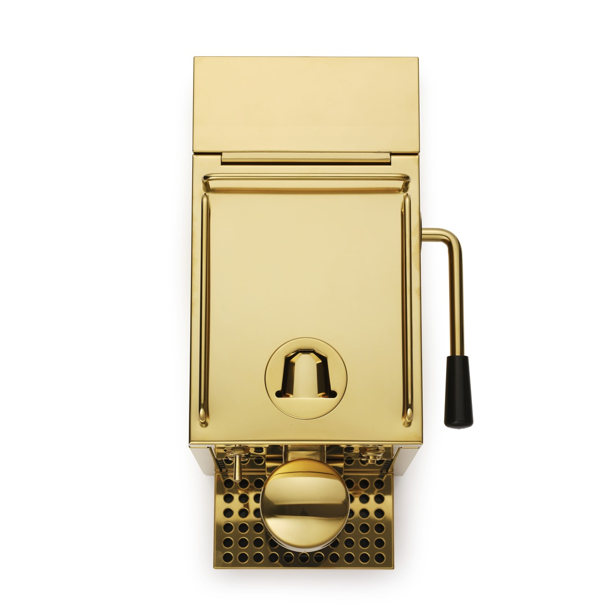Goldene Espressomaschine, Draufsicht. Die Maschine steht auf weißem Hintergrund. Griff, Knopf und Ausguss sind sichtbar.