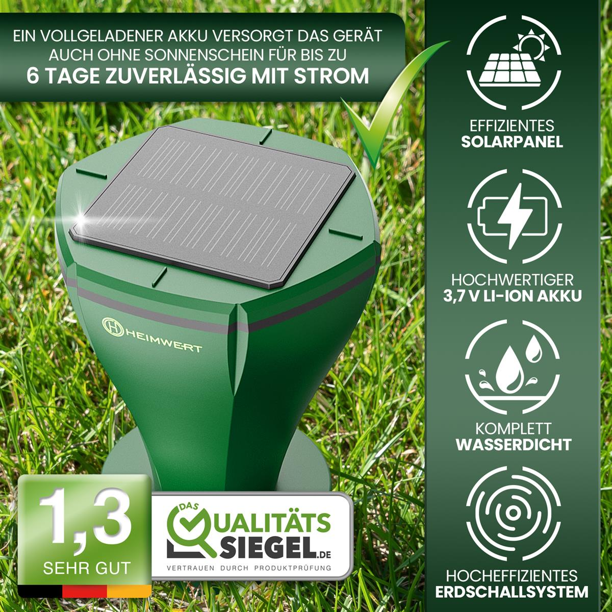 Ein grünes, solarbetriebenes Gerät auf Gras, mit Symbolen, die Funktionen wie Solarpanel und Wasserdichtigkeit anzeigen.