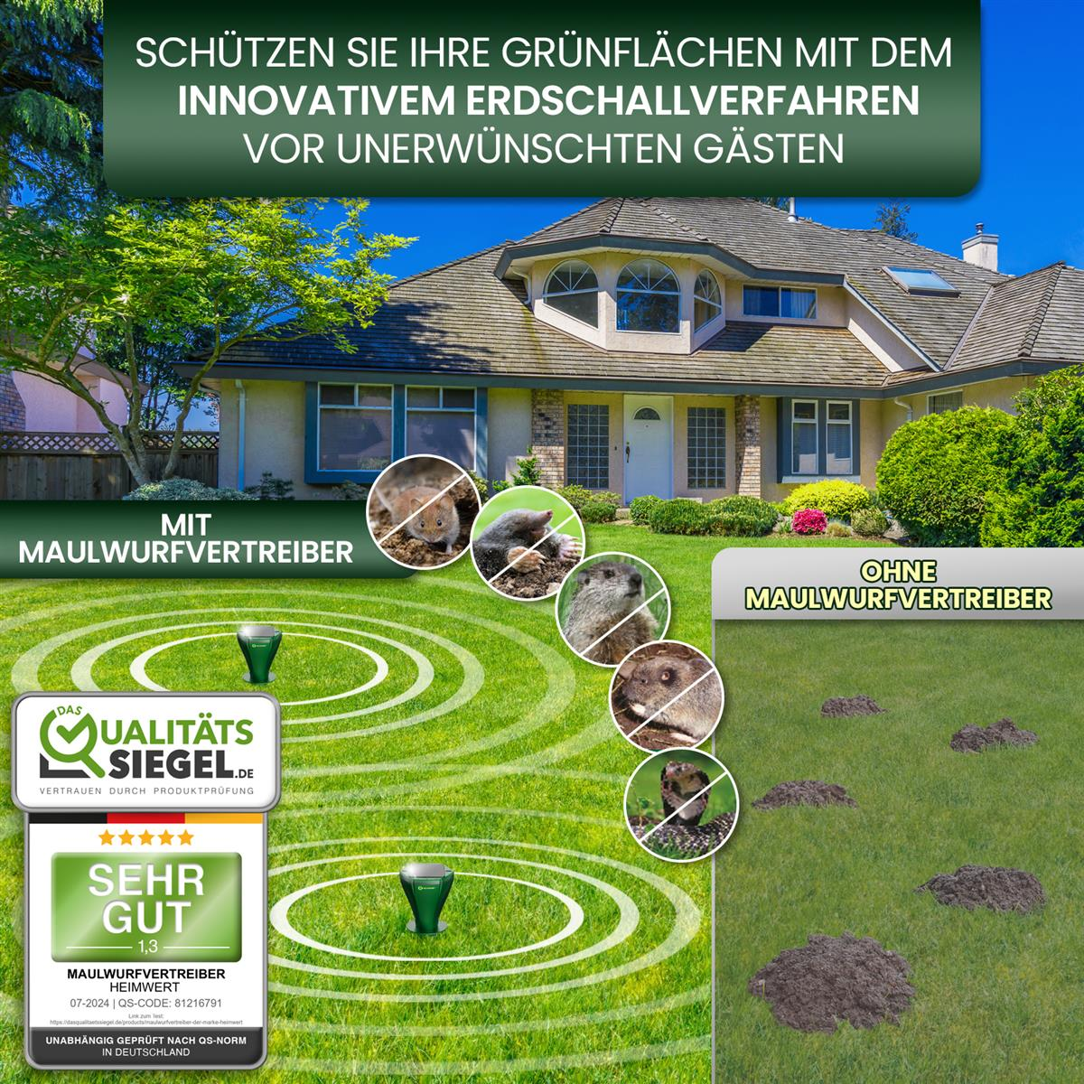 Werbung mit Haus, grünem Rasen, und Maulwurfvertreiber.