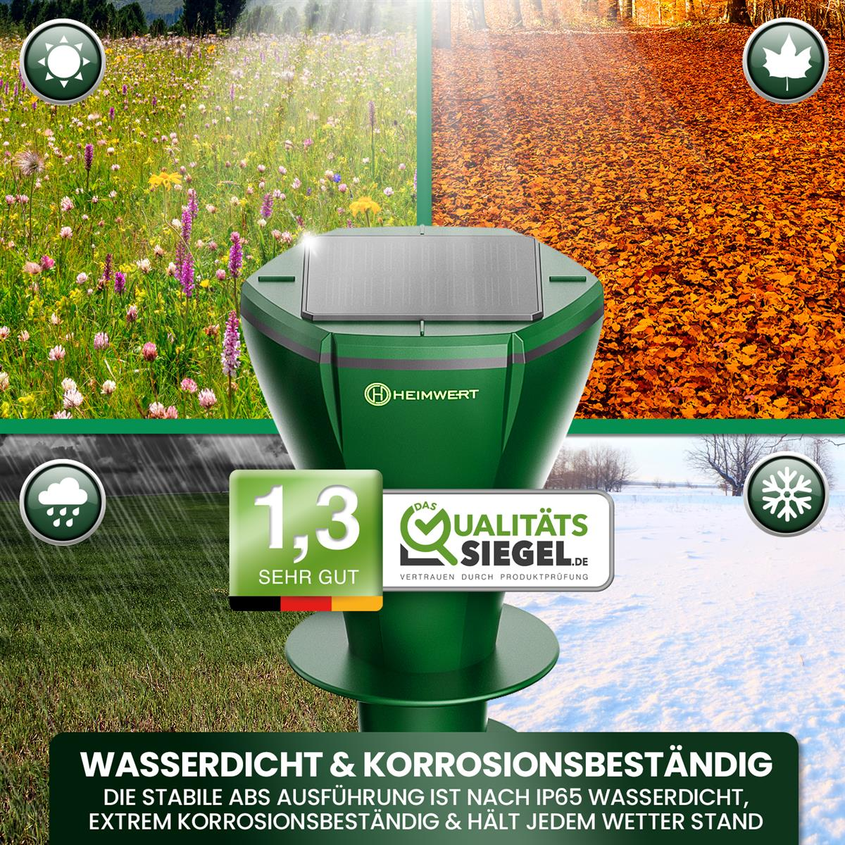 Ein grünes Gerät mit vier Jahreszeiten-Bildern. Ein grünes Gerät mit Logo und Text.