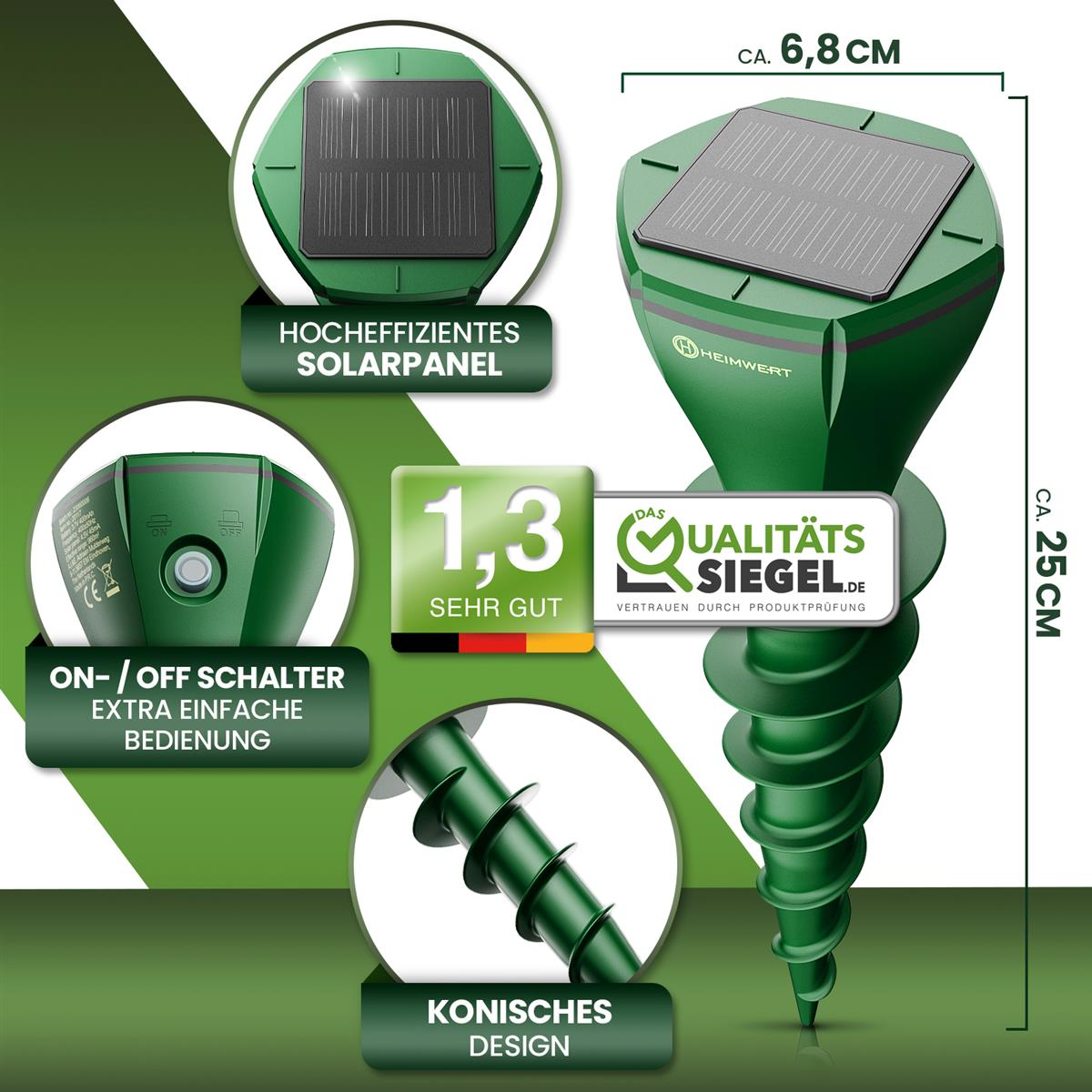 Grüner solarbetriebener Schädlingsbekämpfer. Merkmale sind Solarpanel, Schraubendesign, Ein-/Ausschalter und Gütesiegel.