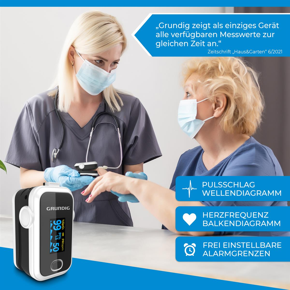 Zwei Frauen, eine misst den Puls des Patienten mit einem Gerät, Text über Puls, Herzfrequenz auf weißem Hintergrund.