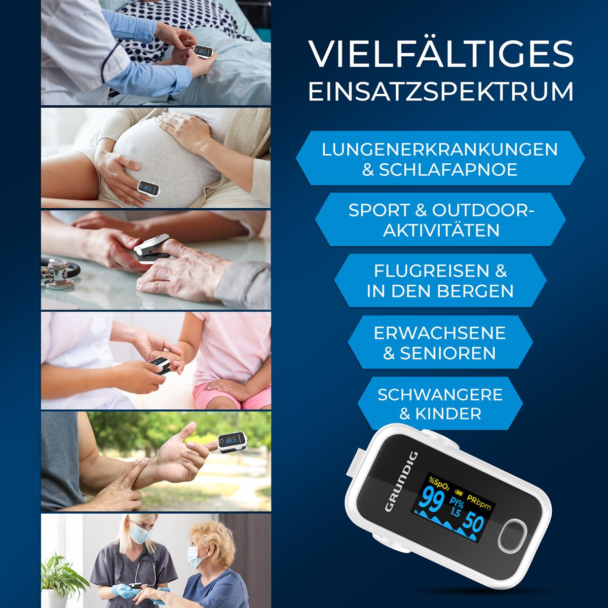 Bilder, die verschiedene Verwendungen eines Pulsoximeters zeigen. Menschen benutzen es.