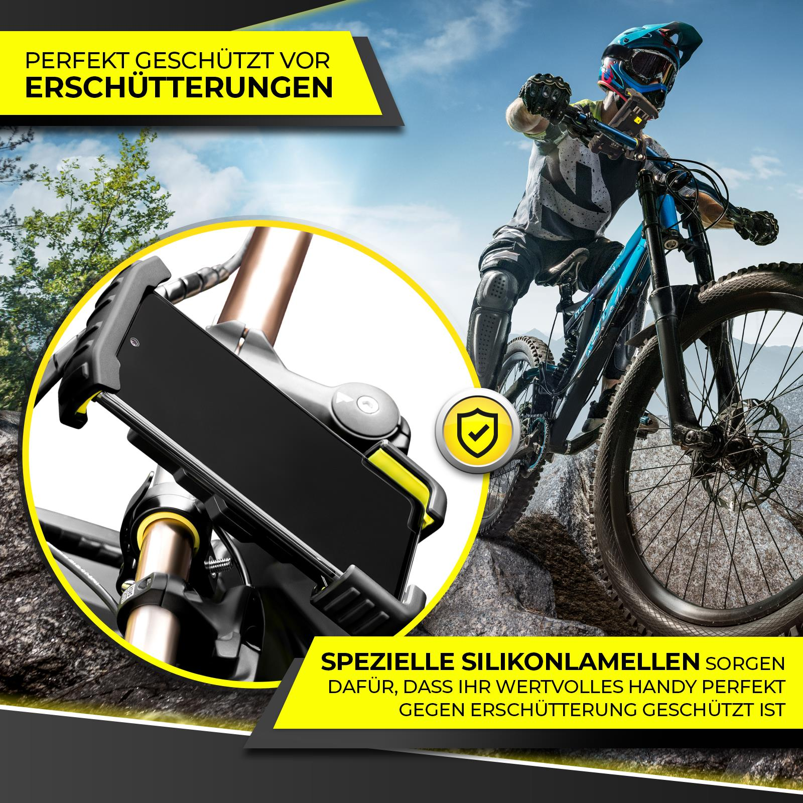 Eine Person fährt mit einem Fahrrad auf einer felsigen Straße. Ein Telefon ist am Fahrrad montiert.