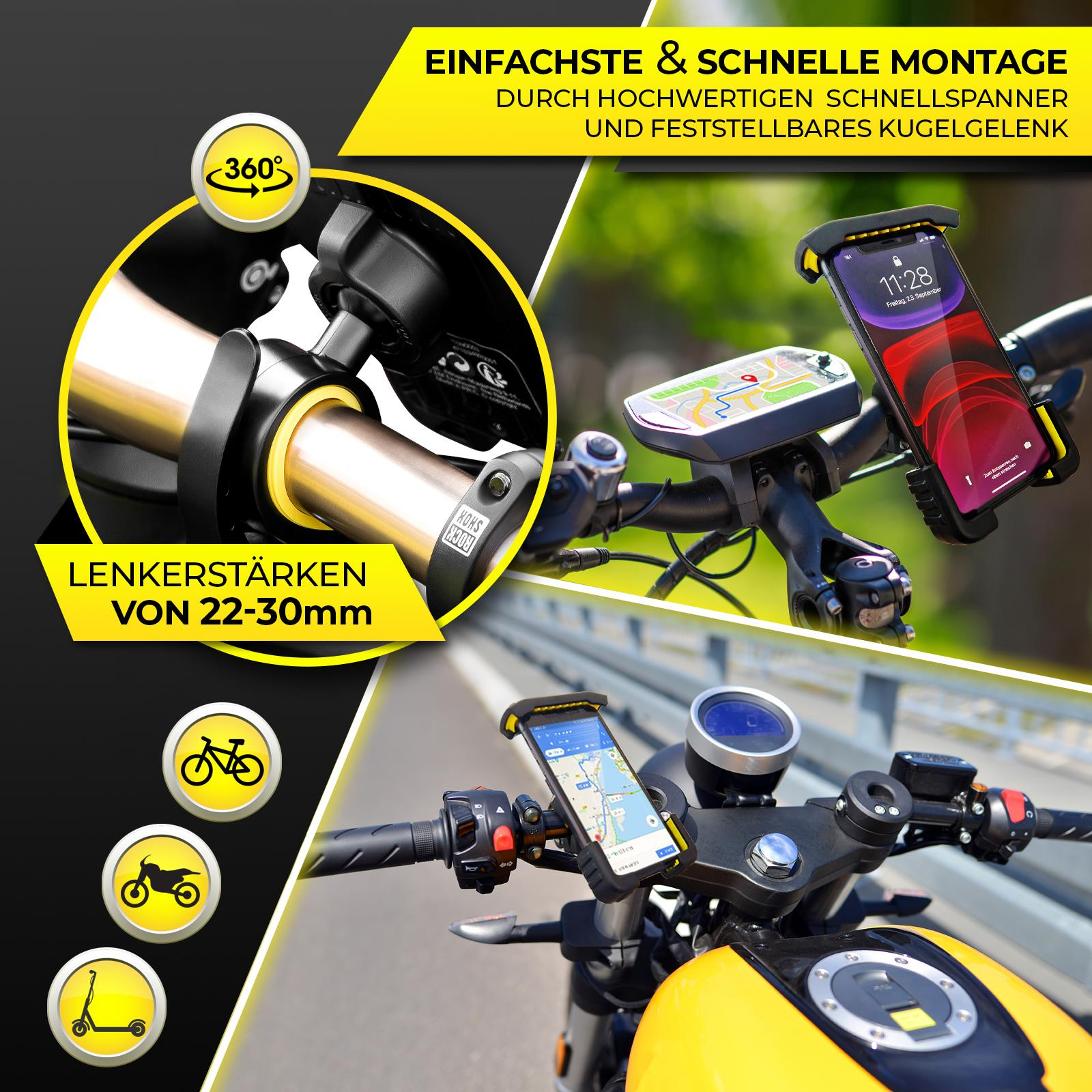 Motorrad mit Telefonhalterung. Telefon zeigt eine Karte. Gelber Akzent am Motorrad.