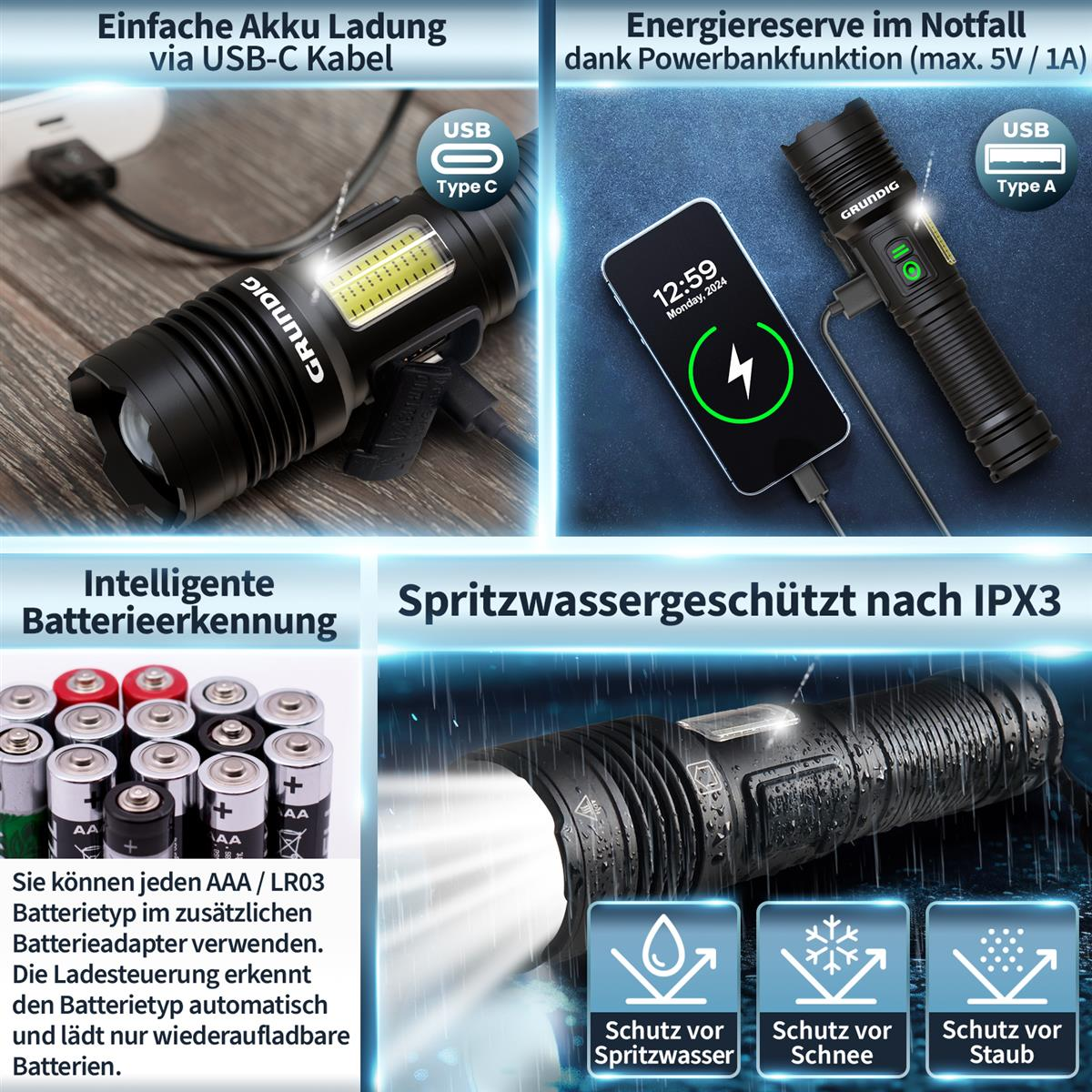 Taschenlampe mit USB-Aufladung, Telefonaufladung und Batterieoptionen. Es ist schwarz und hat ein helles Licht. Mehrere Bilder.
