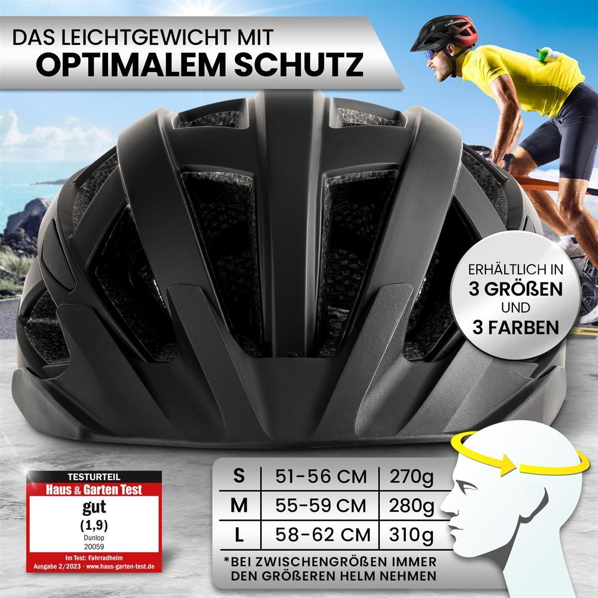 Schwarzer Fahrradhelm mit Größen und Farben, Text. Radfahrer im Hintergrund.