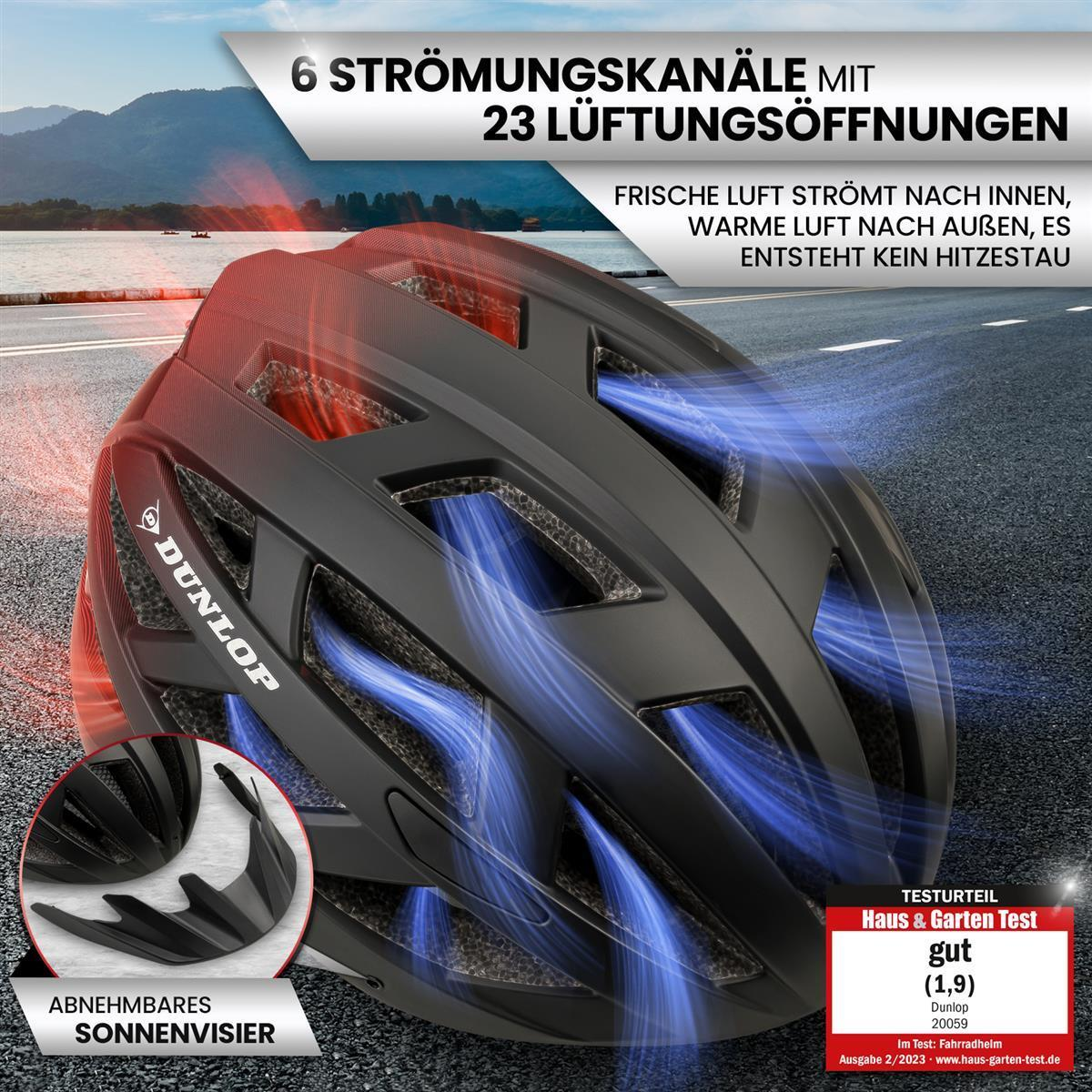 Schwarzer Fahrradhelm mit Belüftungsöffnungen, Luftstromlinien und abnehmbarem Sonnenschild.