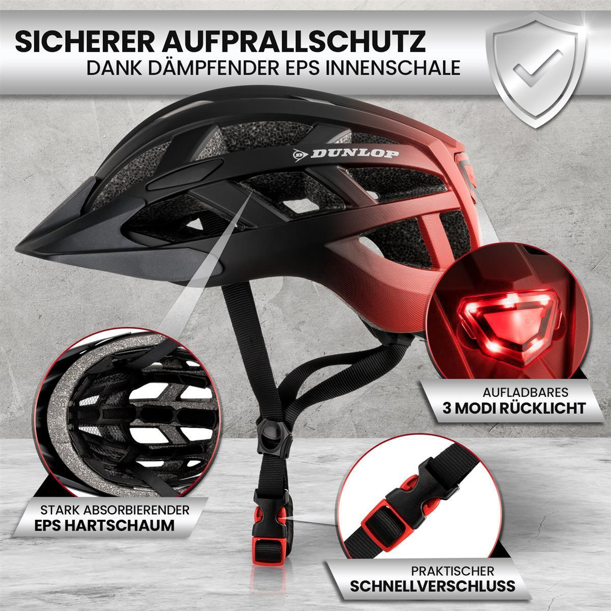 Ein schwarz-roter Helm mit Details. Enthält EPS-Schaum, Rücklicht und Schnellverschluss.