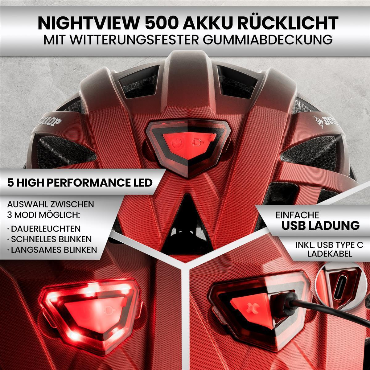 Roter Fahrradhelm mit Rücklicht, USB-Ladeanschluss und Textbeschriftungen auf Deutsch.