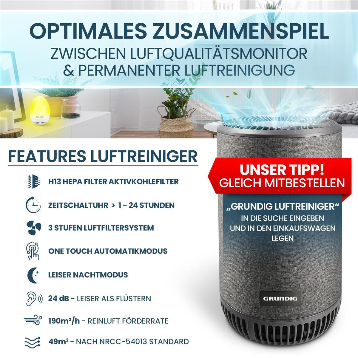 Luftreiniger mit detailliertem Diagramm, das Funktionen zeigt, und einem Grundig-Label.