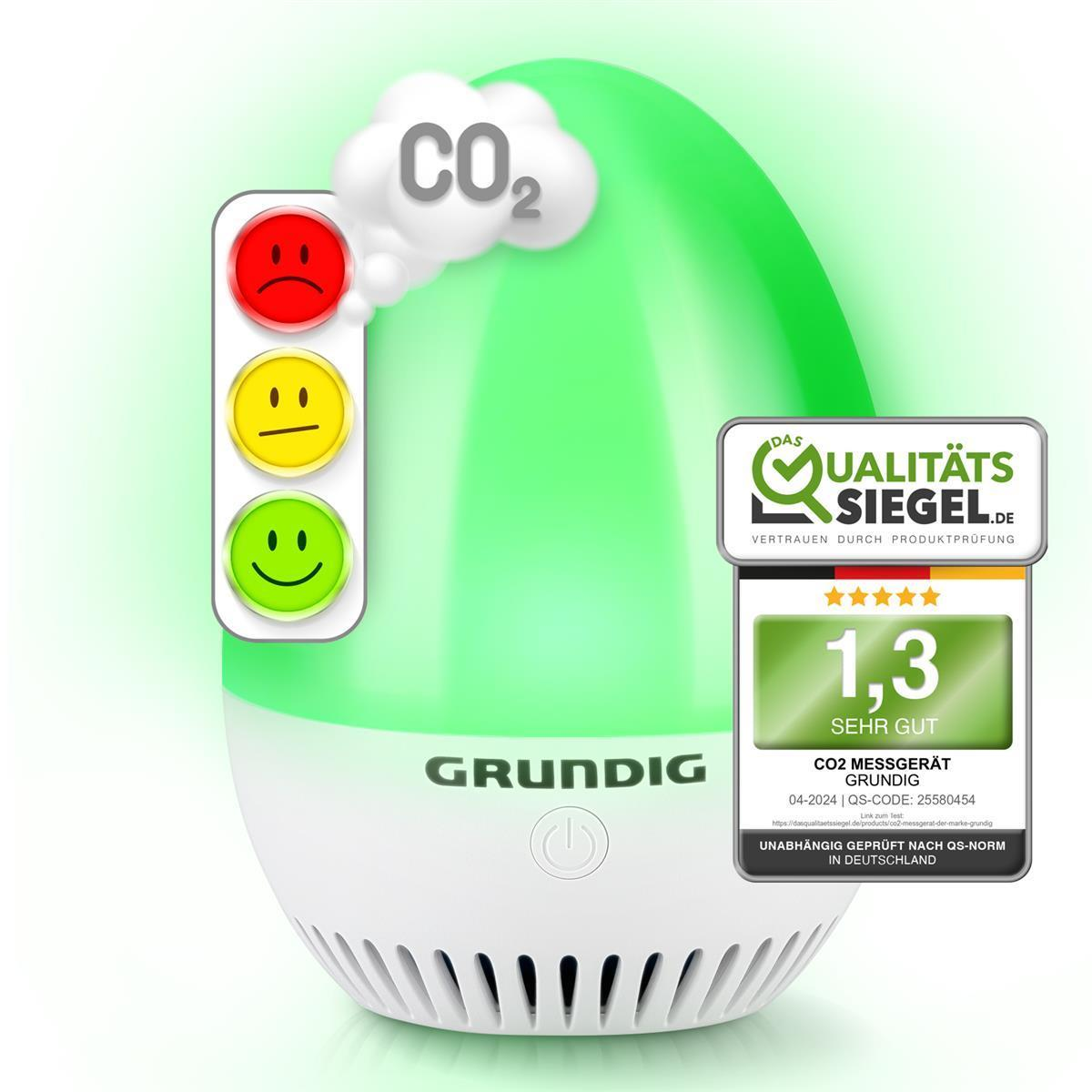 Grüner Luftqualitätsmonitor mit Smileys, neutralen und traurigen Gesichtern. Weiße Basis, CO2-Wolke.