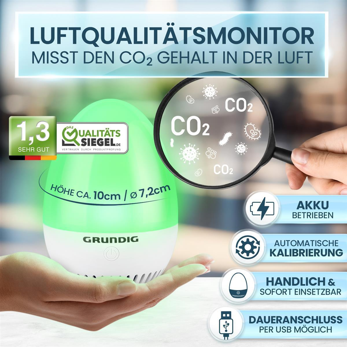 Ein grün-weißer Luftqualitätsmonitor mit einer Lupe, die CO2 zeigt.