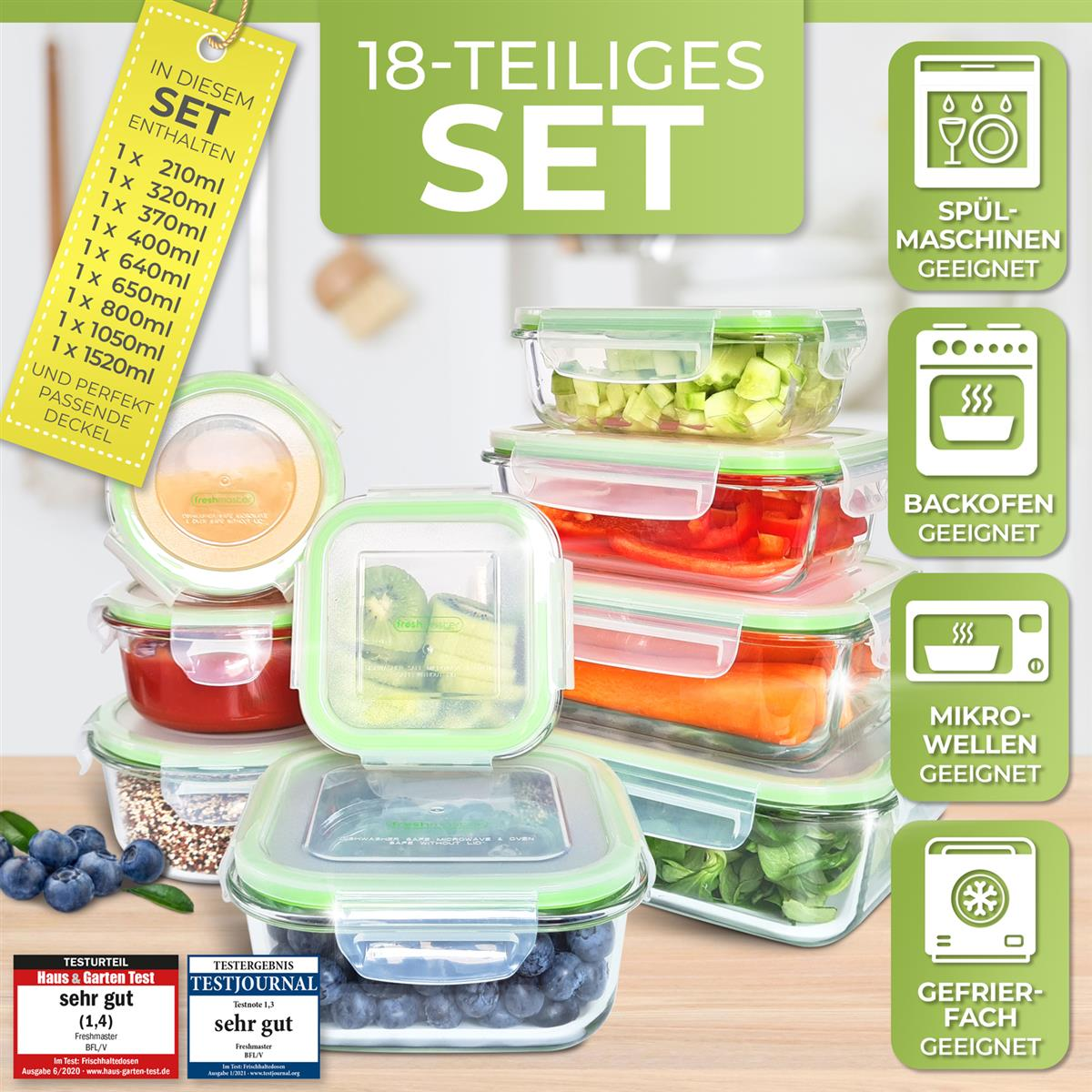 Glas-Lebensmittelbehälter mit Deckeln, geeignet für Spülmaschine, Ofen, Mikrowelle.