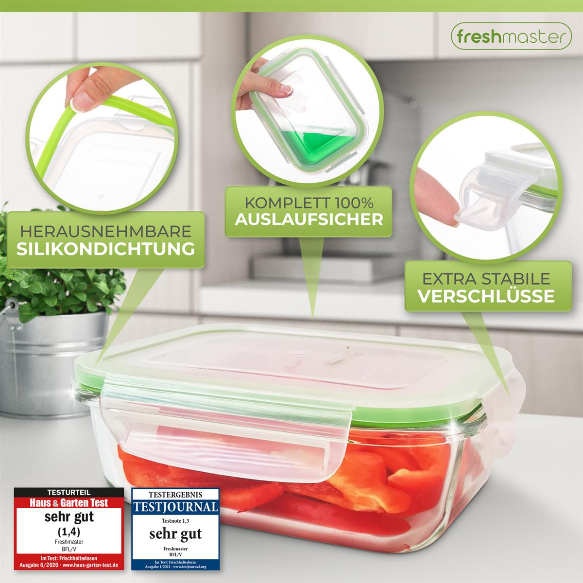 Transparenter Lebensmittelbehälter mit grünem Deckel, rote Paprika innen. Textlabels heben Merkmale hervor.