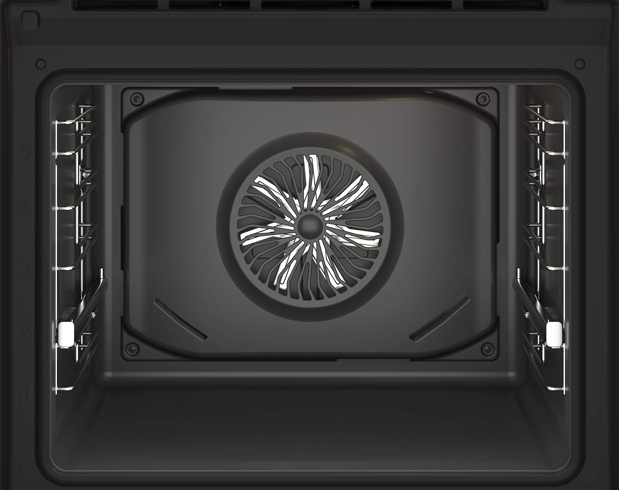 Interno di un forno nero. Mostra una ventola, griglie e luci interne. Aspetto scuro e metallico.
