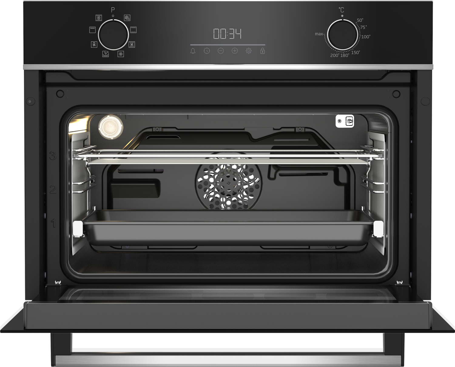 Horno negro con la puerta abierta, luz interior encendida, bandeja dentro.