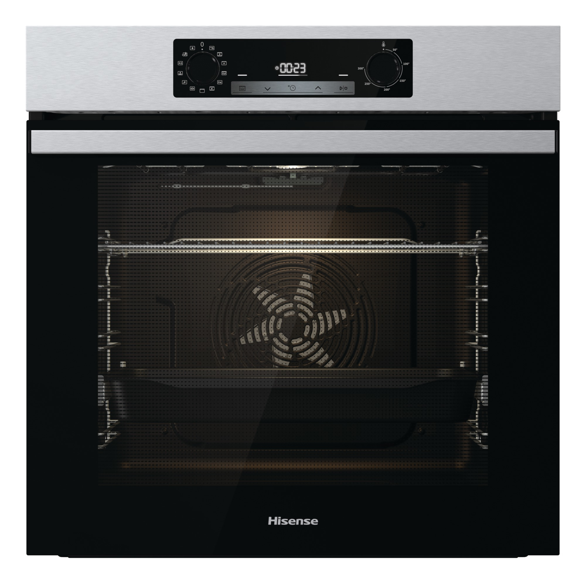Un forno a incasso argento con porta nera e display digitale, di Hisense.