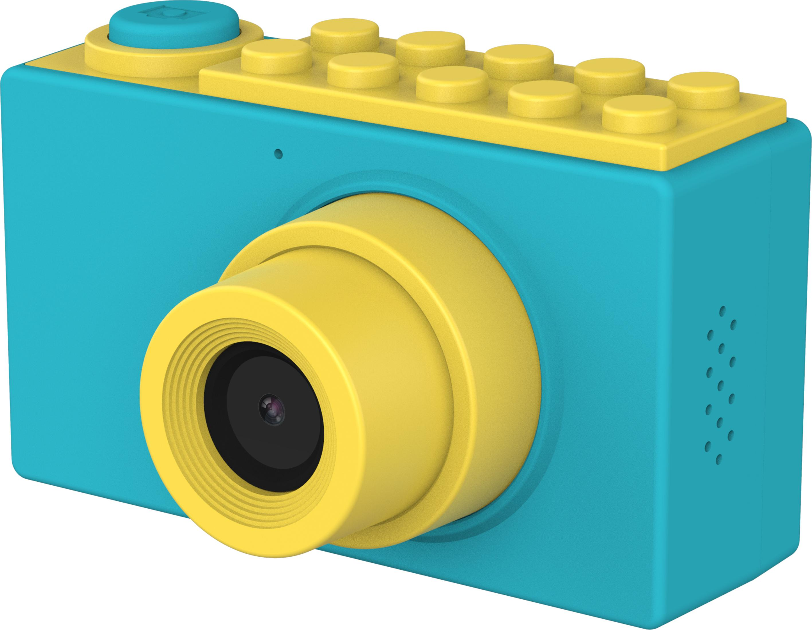 Blauwe en gele speelgoedcamera. De cameralens is geel.