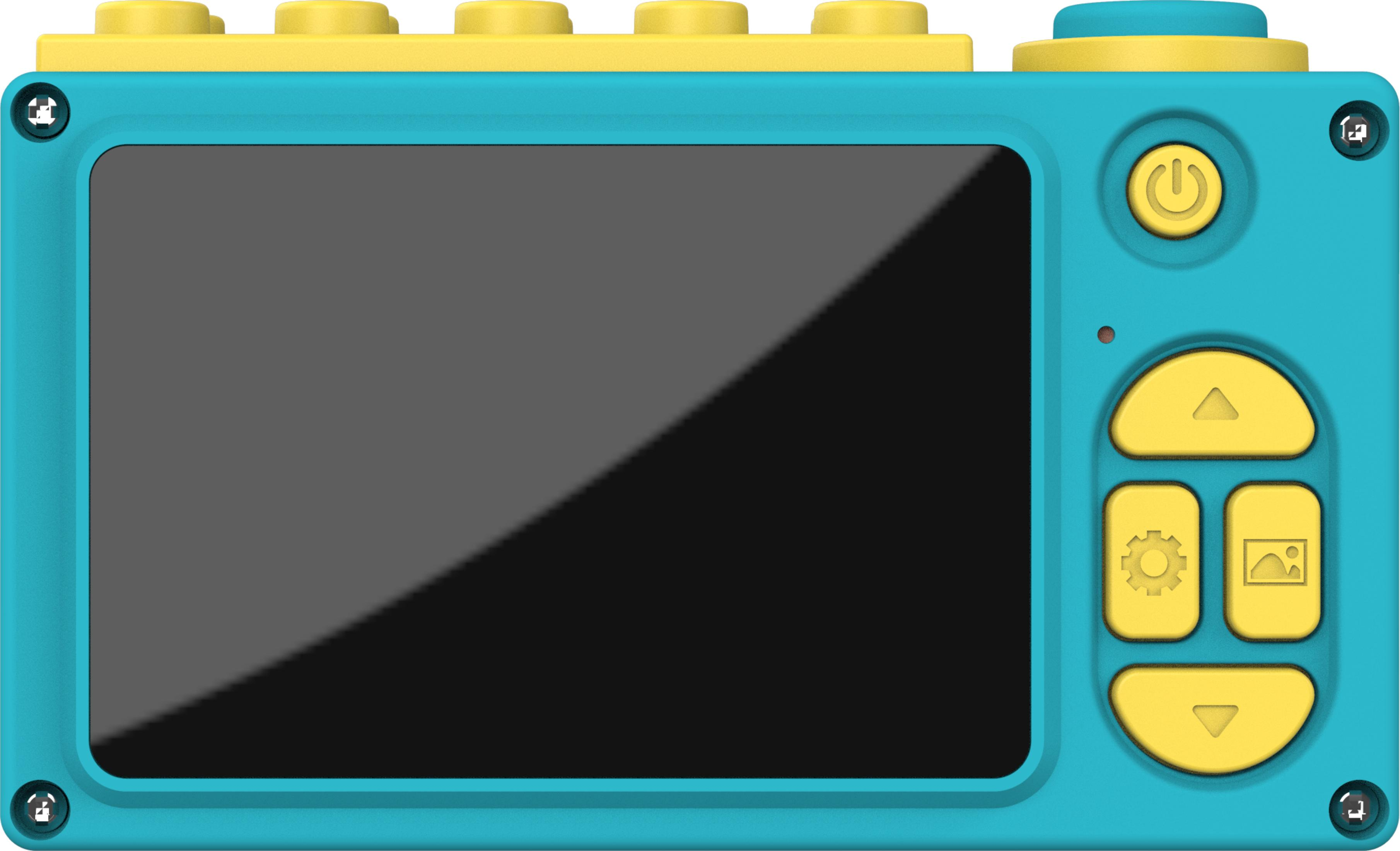 Een kindvriendelijke digitale camera met een blauw-geel kleurenschema, die zijn scherm weergeeft.