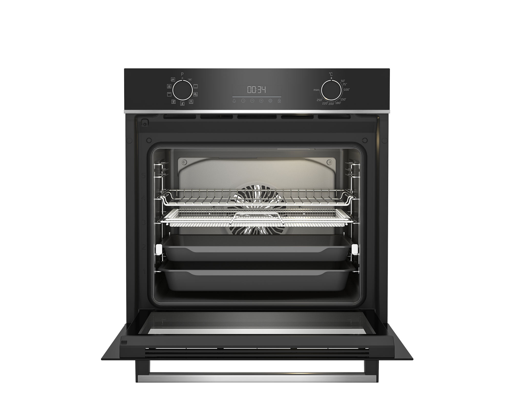 Horno negro con la puerta abierta, mostrando estantes e iluminación interior. Fondo blanco.